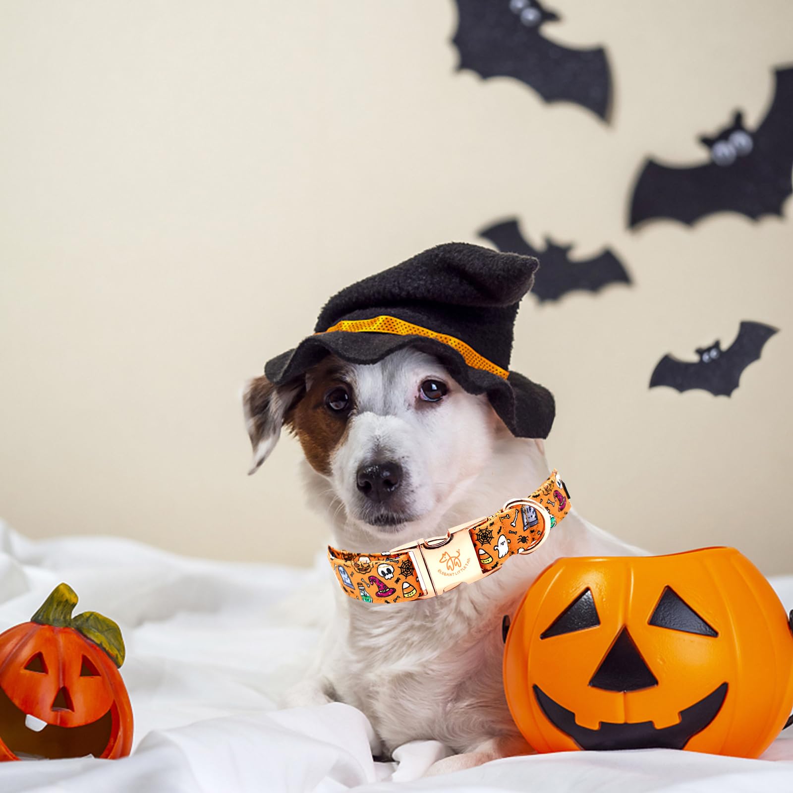 Elegant Little Tail Halloween Dog Collar - Pumpkin Print, Cotton With Metal Buckle, Adjustable For X-Large Dogs