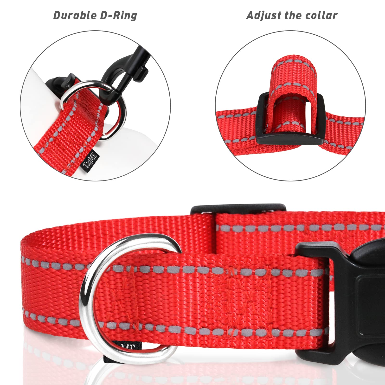 Tagme Reflective Nylon Dog Collars, Adjustable Classic Dog Collar With Quick Release Buckle For Extra Large Dogs, Red, 1¼' Width