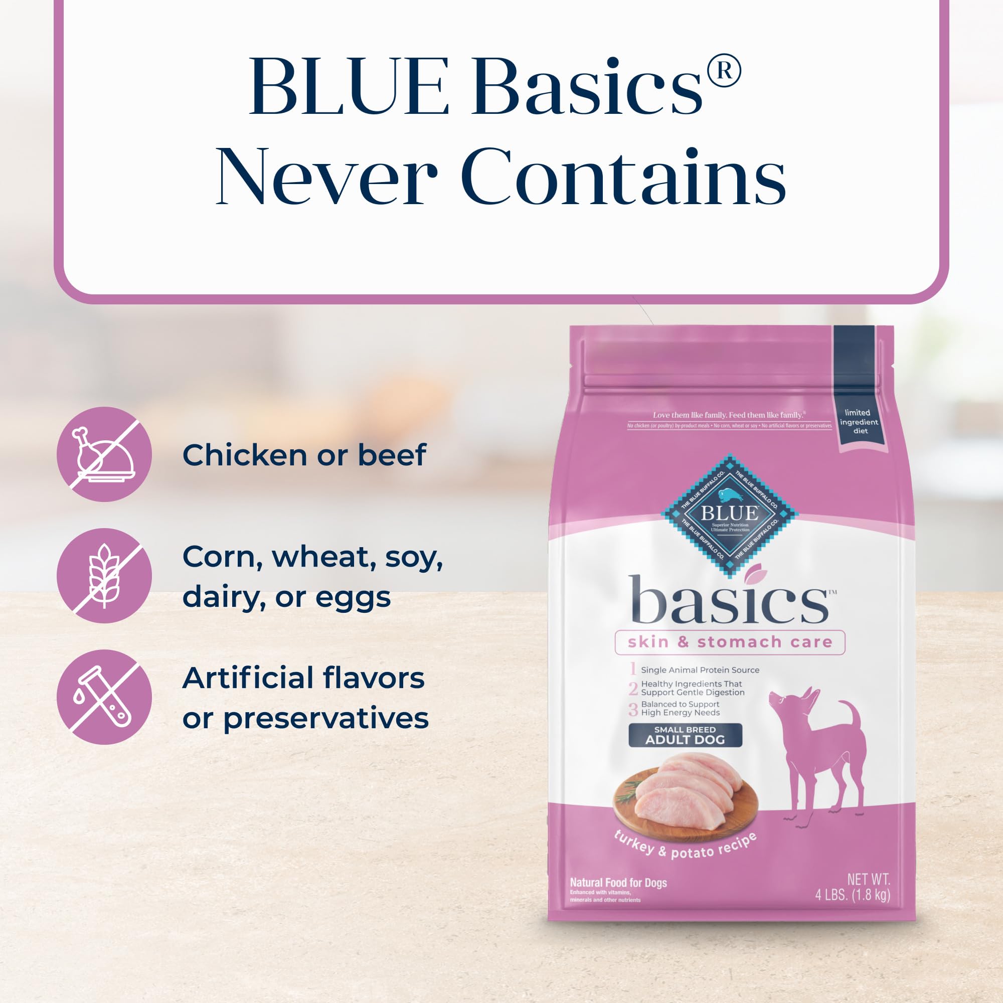Blue Buffalo Basics Small Breed Dry Dog Food, Turkey & Potato, 4-lb Bag, Limited Ingredient Diet for Skin & Stomach Care