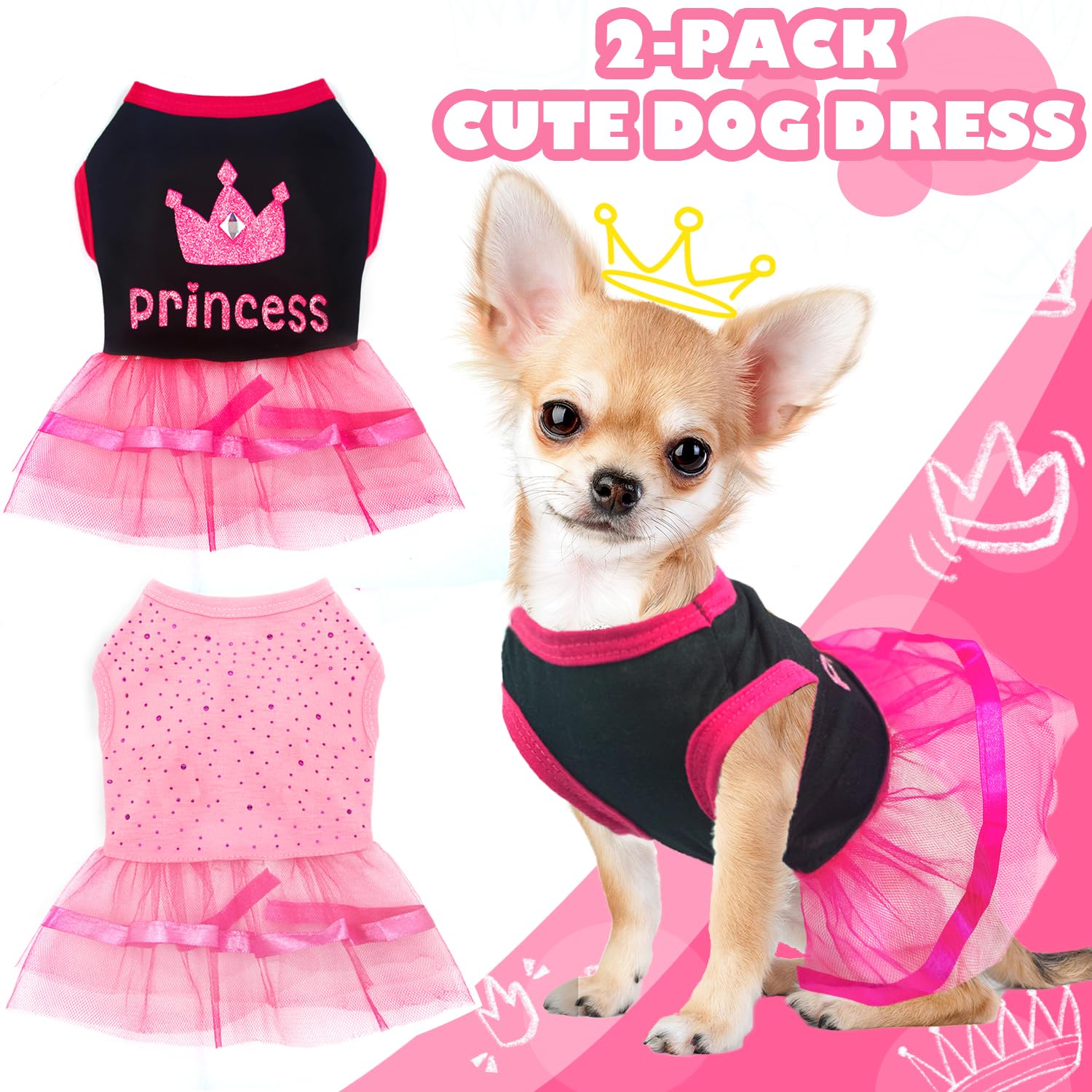 2 Pieces Dog Dress With Bling Rhinestones Cute Princess Puppy Clothes For Small Dog Girls Female Doggie Pet Dress Tutu Outfit Fo