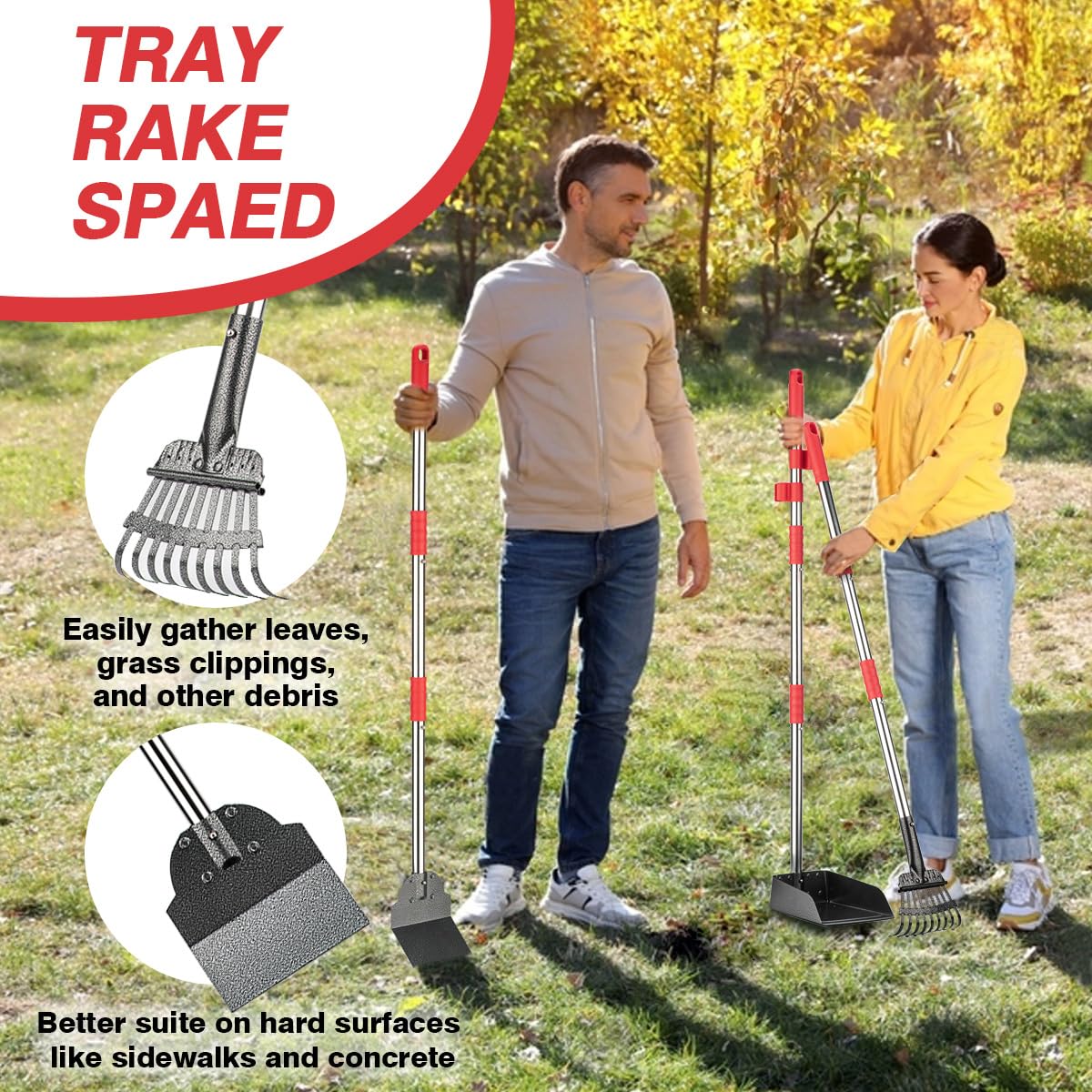 Fusbunty Pooper Scooper, Long Handle Dog Pooper Scooper, Heavy Duty Stainless Steel Rake With Tray & Spade Set For Pet Waste Rem