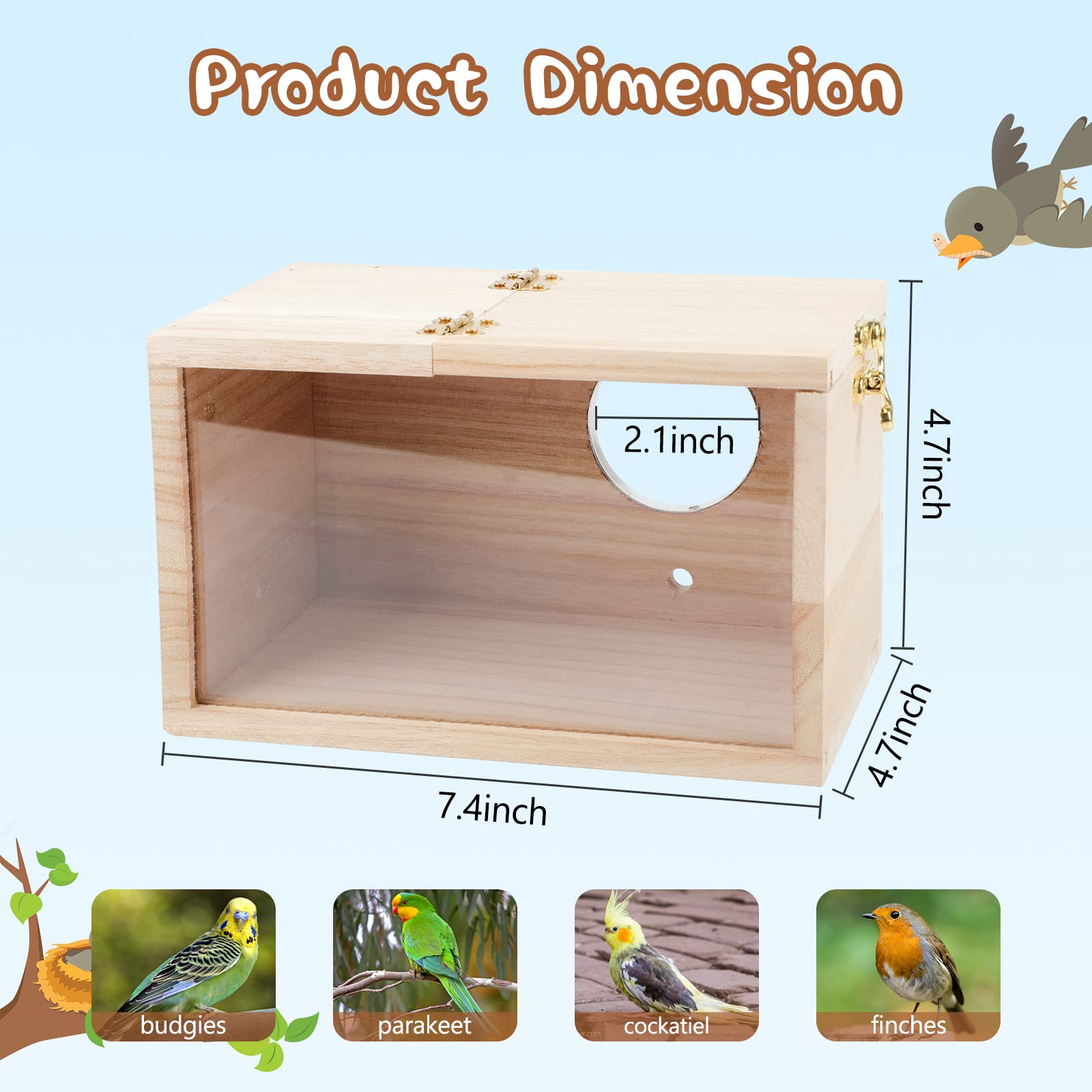 GINDOOR Parakeet Nesting Box Transparent Bird House for Cage Natural Wood Breeding Box for Parrot Parakeet Cockatiel Lovebirds B