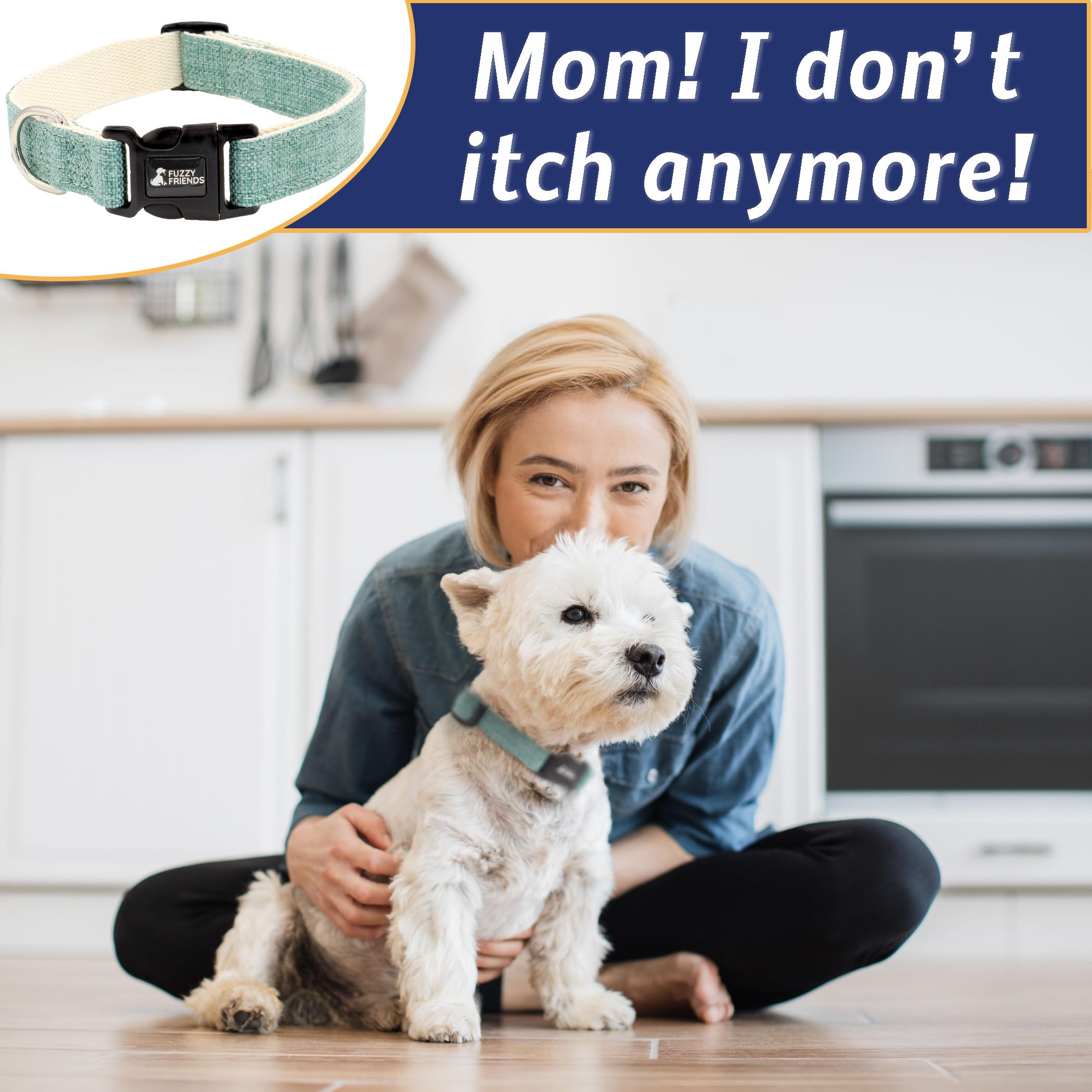 Fuzzy Friends Teal Hemp Dog Collar - Hypoallergenic Dog Collar - Comfortable for Sensitive Skin or Allergies with no Harsh Dyes
