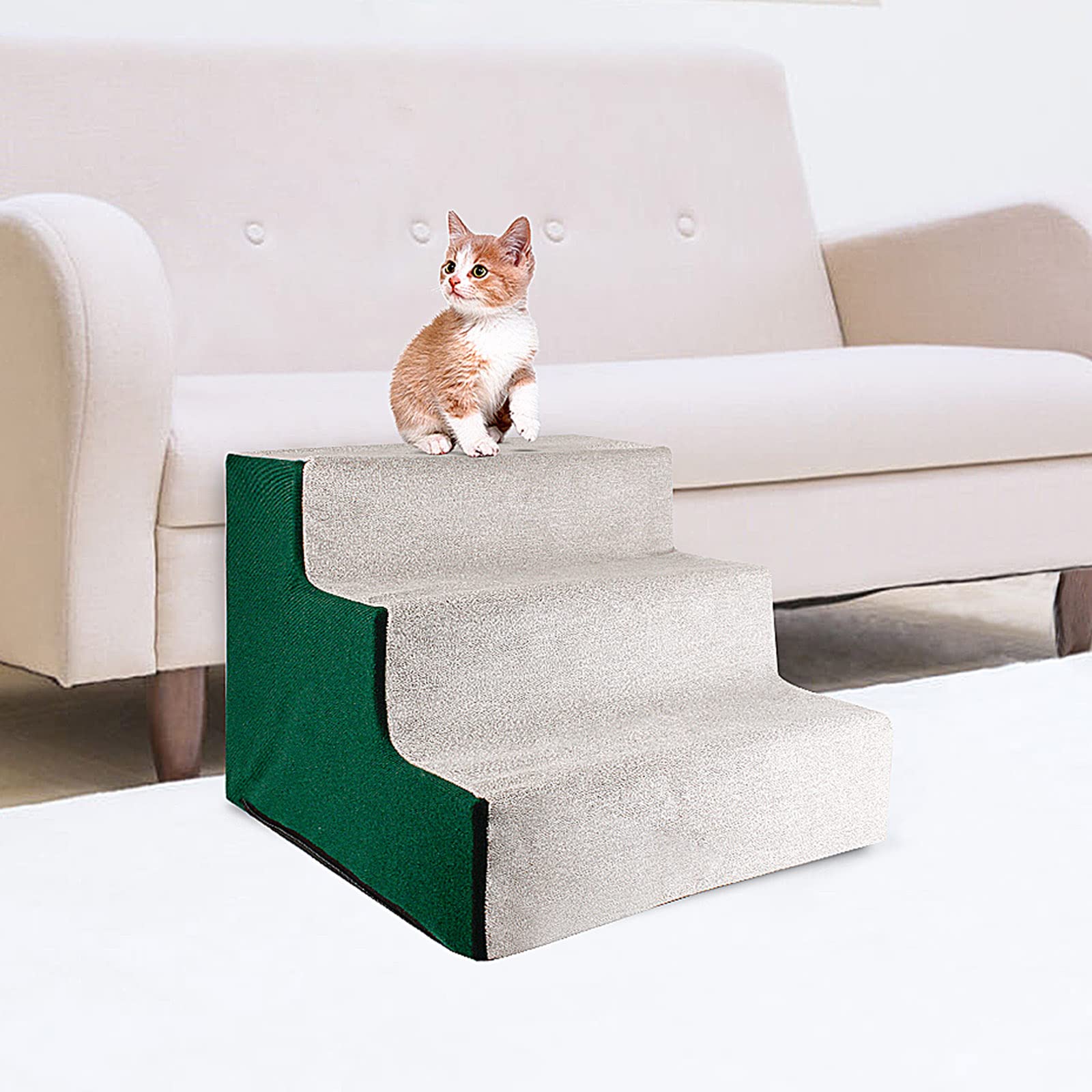 Enjoying Dog Stairs For Small Dogs, 3-Step Puppy Ladder For Couch, Assemblable Non-Slip Doggy Cat Steps, Green/Grey