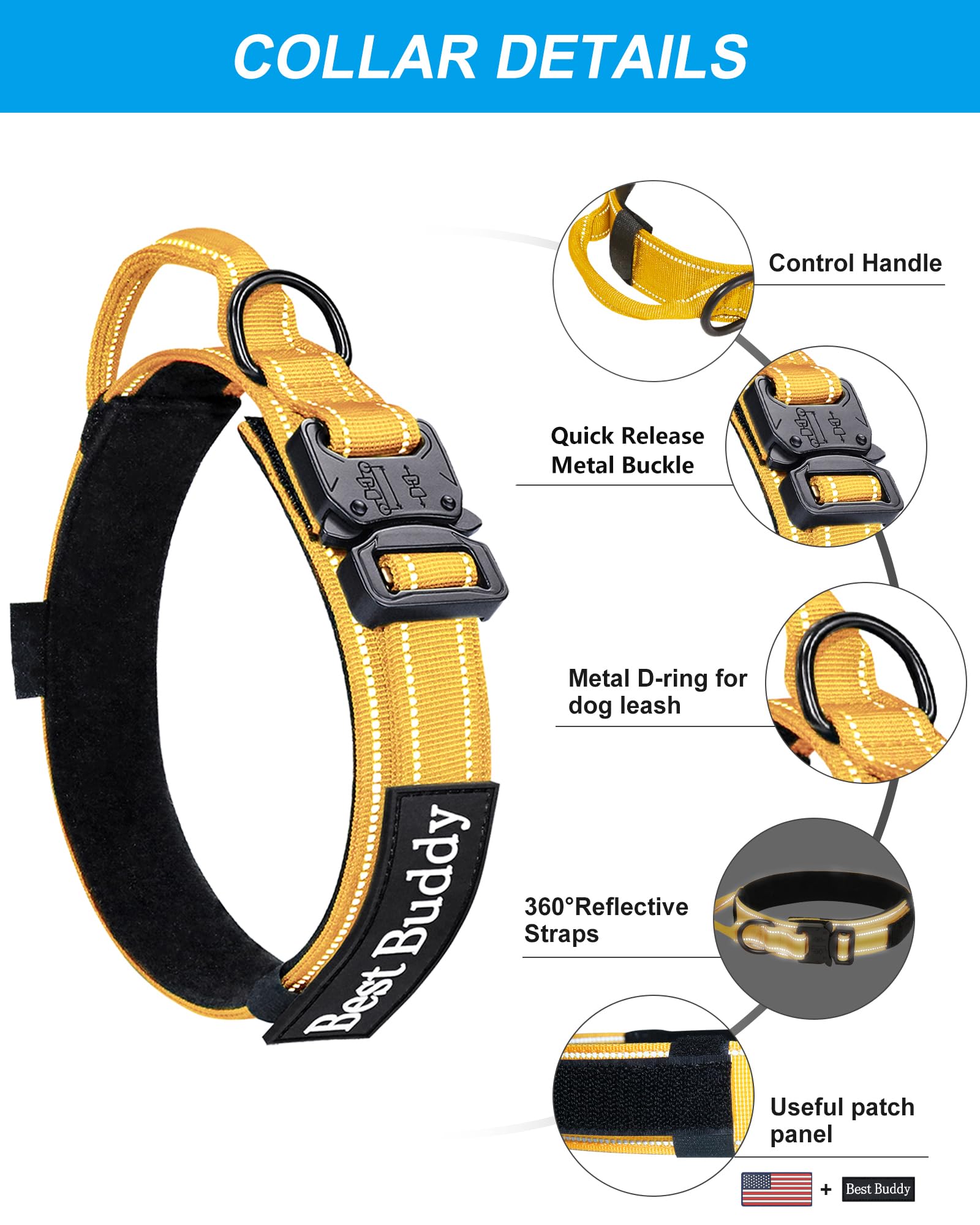 AUBELL Tactical Dog Collar and Leash Set, Heavy Duty Nylon, Reflective, XL Yellow, Model JLSETYXL003, with Airtag Case and Patches