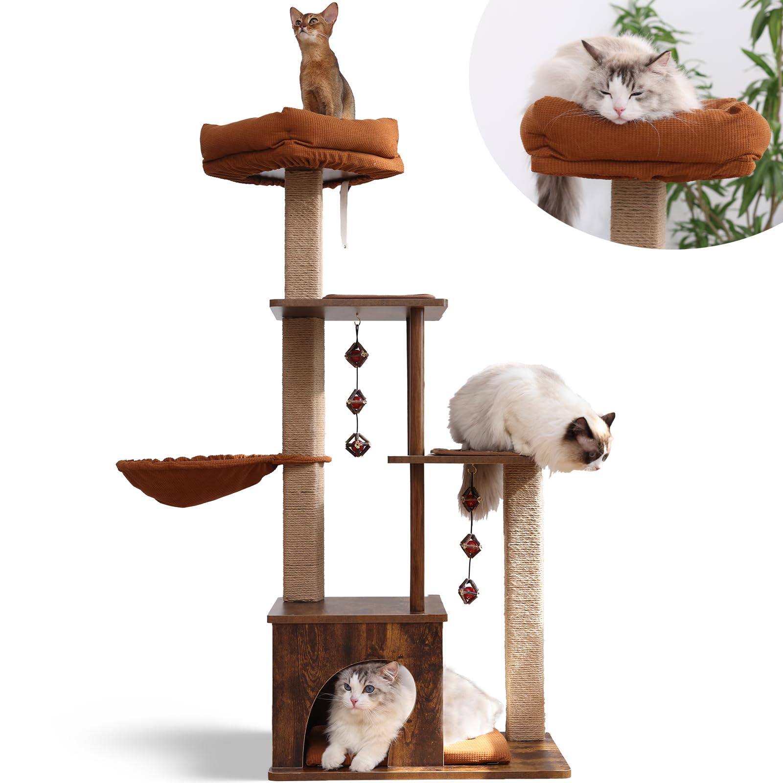 Fukumaru Cat Tree, 4 In 1 Large Modern Cats Tower With Jute Scratching Post And Hammock, Wood Cat Condo With Silvervine Balls, B