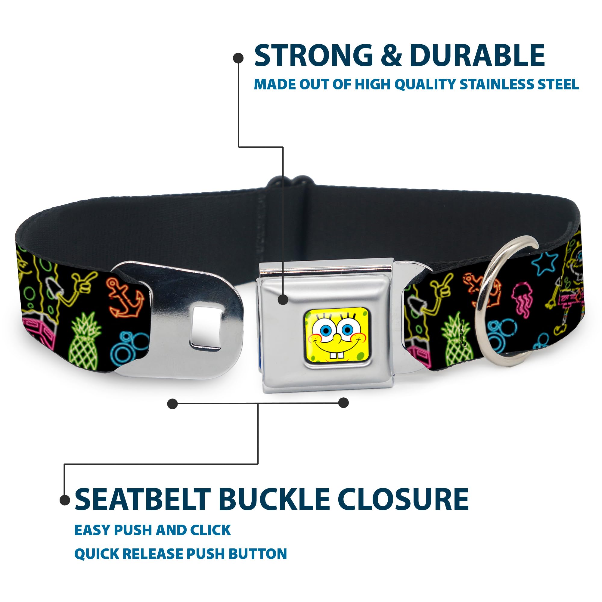 Dog Collar Seatbelt Buckle Electric Spongebob Poses Elements Black Multi Color 16 To 23 Inches 1.5 Inch Wide