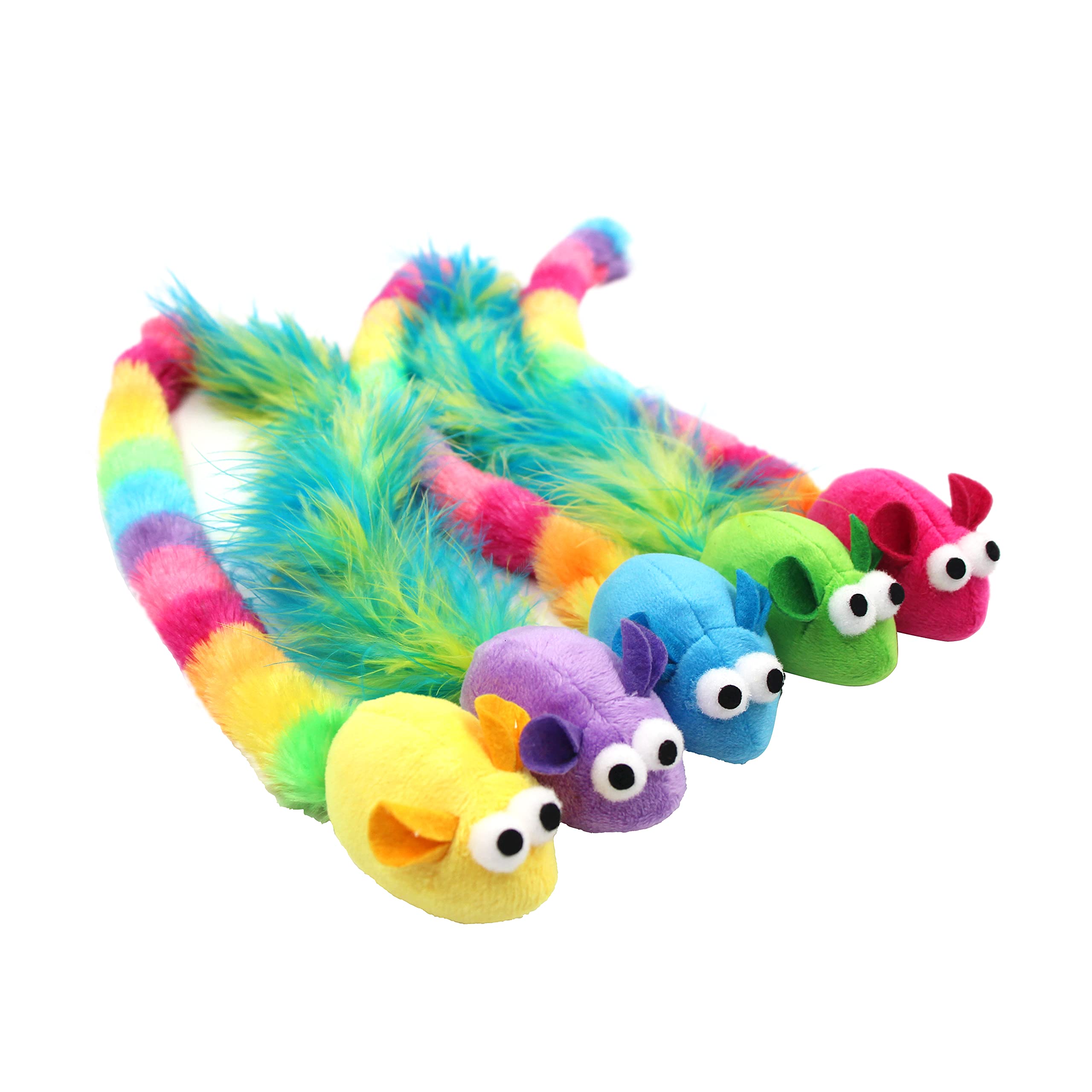 Jumpaws 5 Pack Interactive Catnip And Feather Cat Toys, Multi-Colored Mice With Long Feather Tail, Accessories For Indoor Cat, C