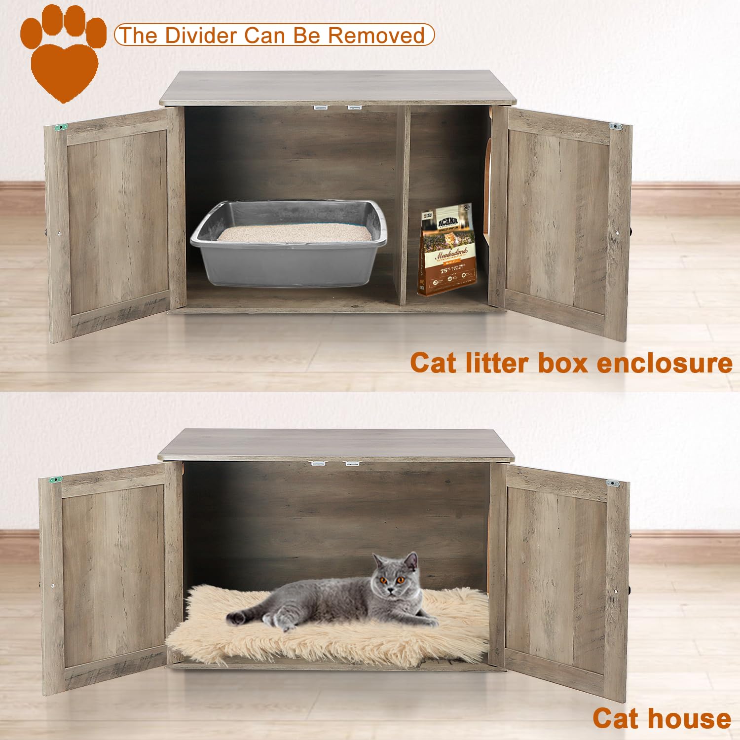 Timberer Cat Litter Box Enclosure, Litter Box Furniture Hidden With Removable Divider, Wooden Cat Washroom Furniture, Greige