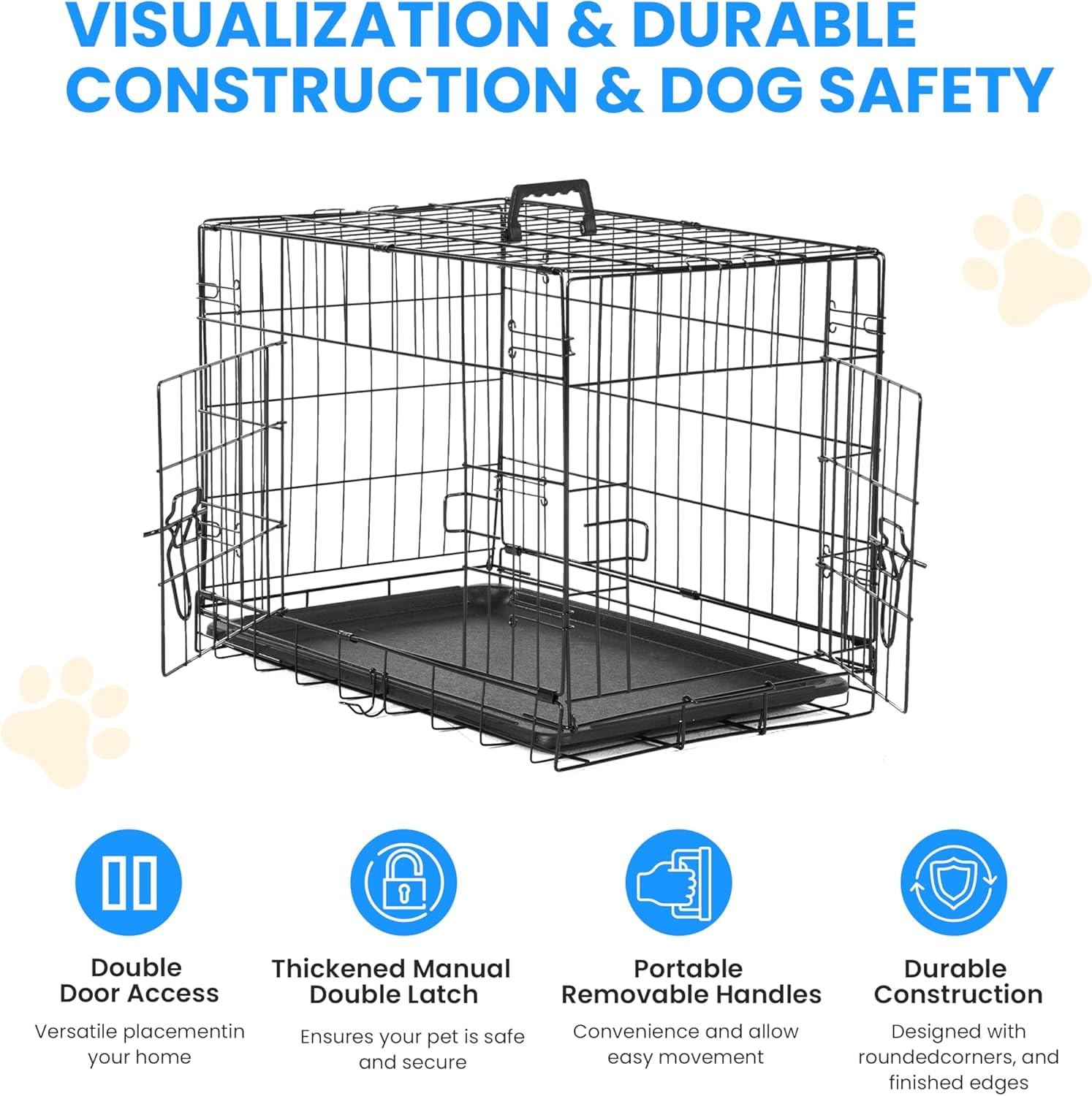 Simple Deluxe 24-Inch Small Dog Crate With Divider, Double Door Folding Metal Wire Cage With Leak-Proof Plastic Tray, Portable P