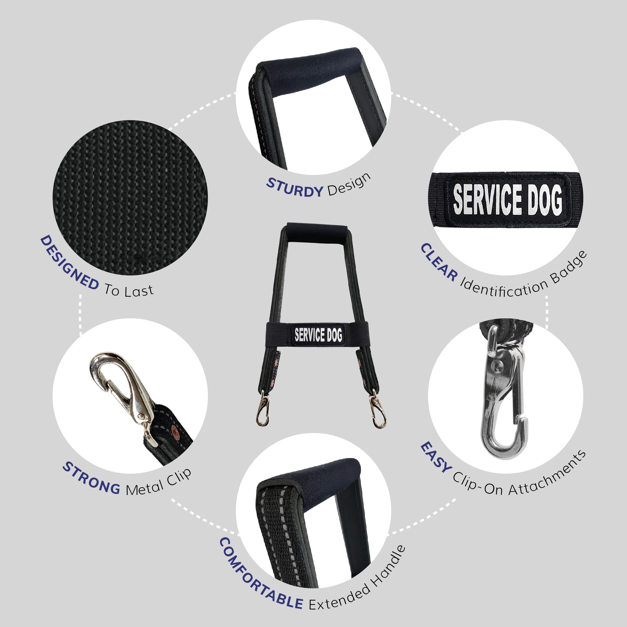 Activedogs Leather Bridge Handle For Service Dog 8'' - Solid Steel & Leather Service Dog Handle With Easy Snap-On Clips, Reflect