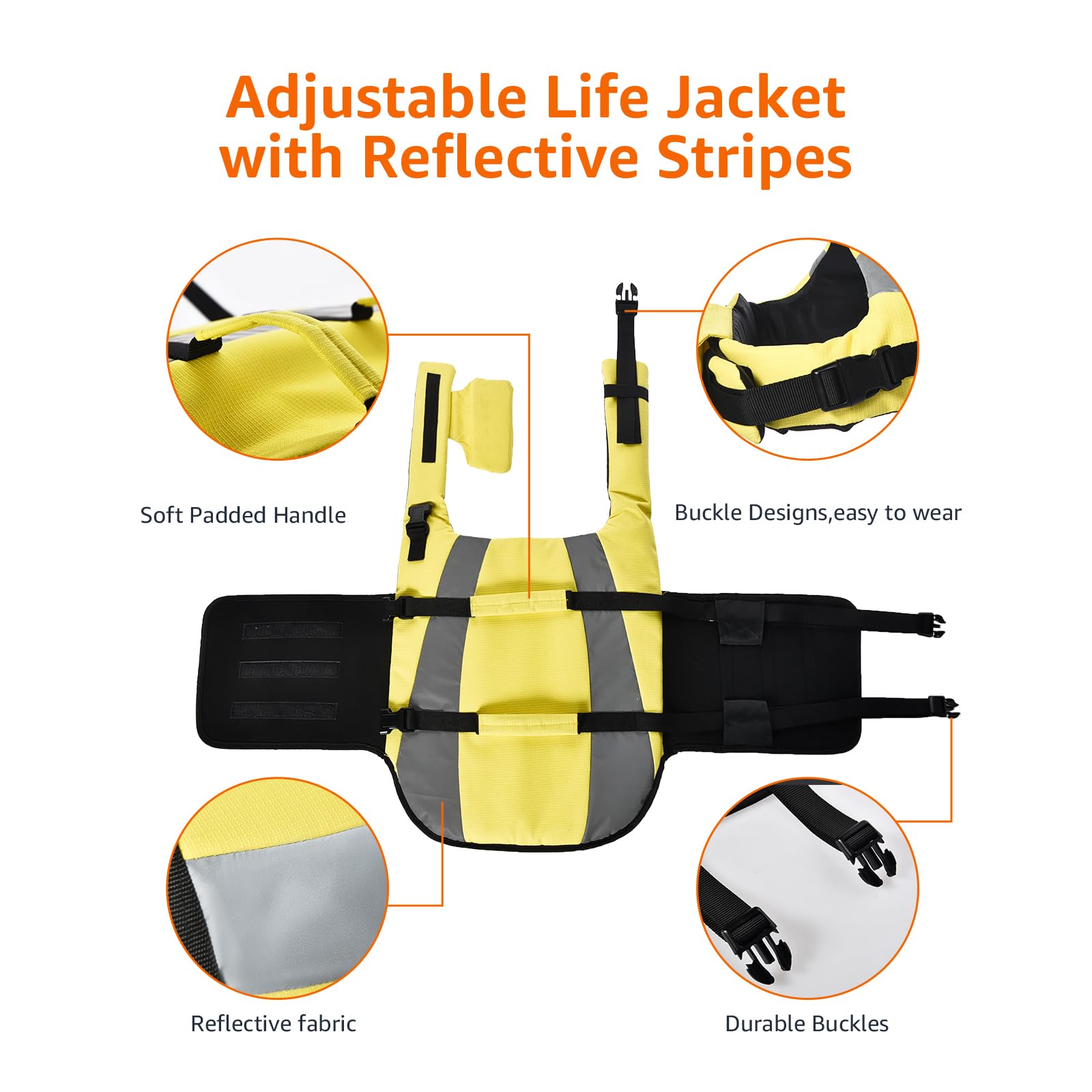 Amazon Basics Dog Adjustable Life Jacket With Reflective Stripes, Yellow, Large