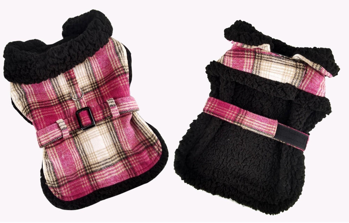 Sherpa-Lined Dog Harness Coat (Large, Hot Pink & Tan Plaid)