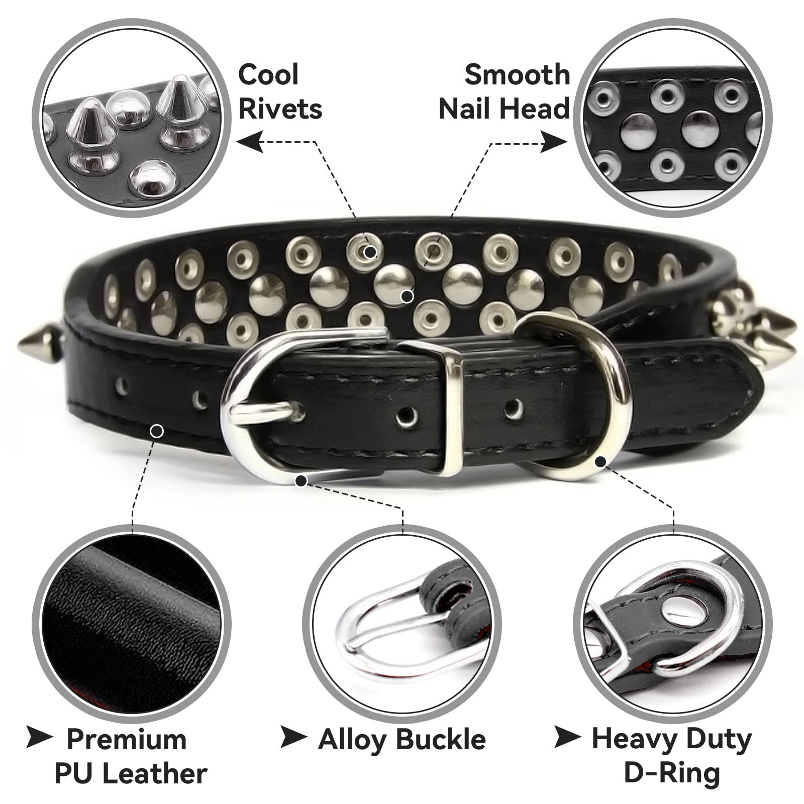 Doggyzstyle Spiked Dog Cat Collar Male Black Soft Leather Spike Puppy Collars Adjustable Mushroom Anti Bite Studded Small Dog Collars For Chihuahua Yorkshire Shihztu Poodle Pit Bull (Black,Xs)
