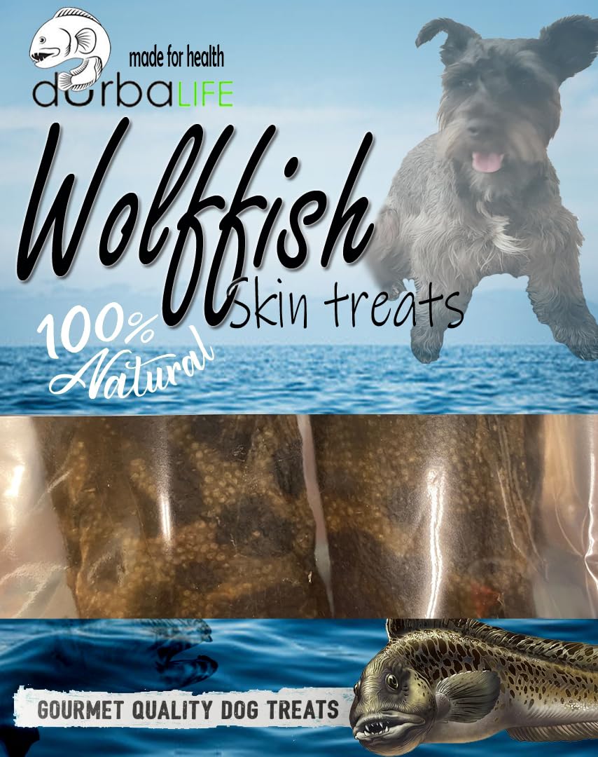 Wolffish Skin Treats for Dogs (2 Fish Sticks 6-in Each) Hand Wrapped Wolf Fish | Single Ingredient | Super Tasty Dog Chews