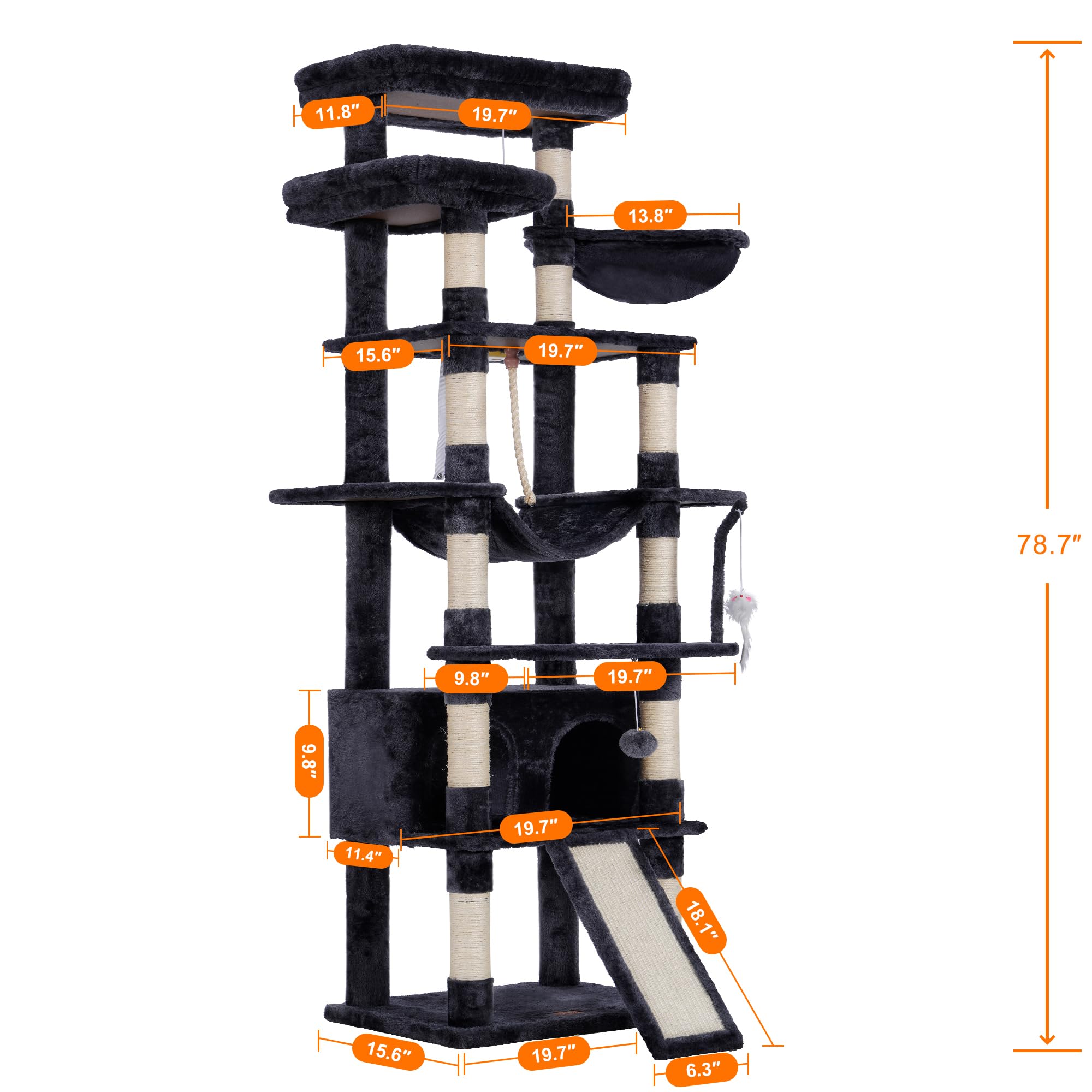 Heybly Tall Cat Tree,78 Inch Multi-Level Cat Tower For Indoor Cats,2 Widened Plush Perches Cat Condo With Scratching Board And B