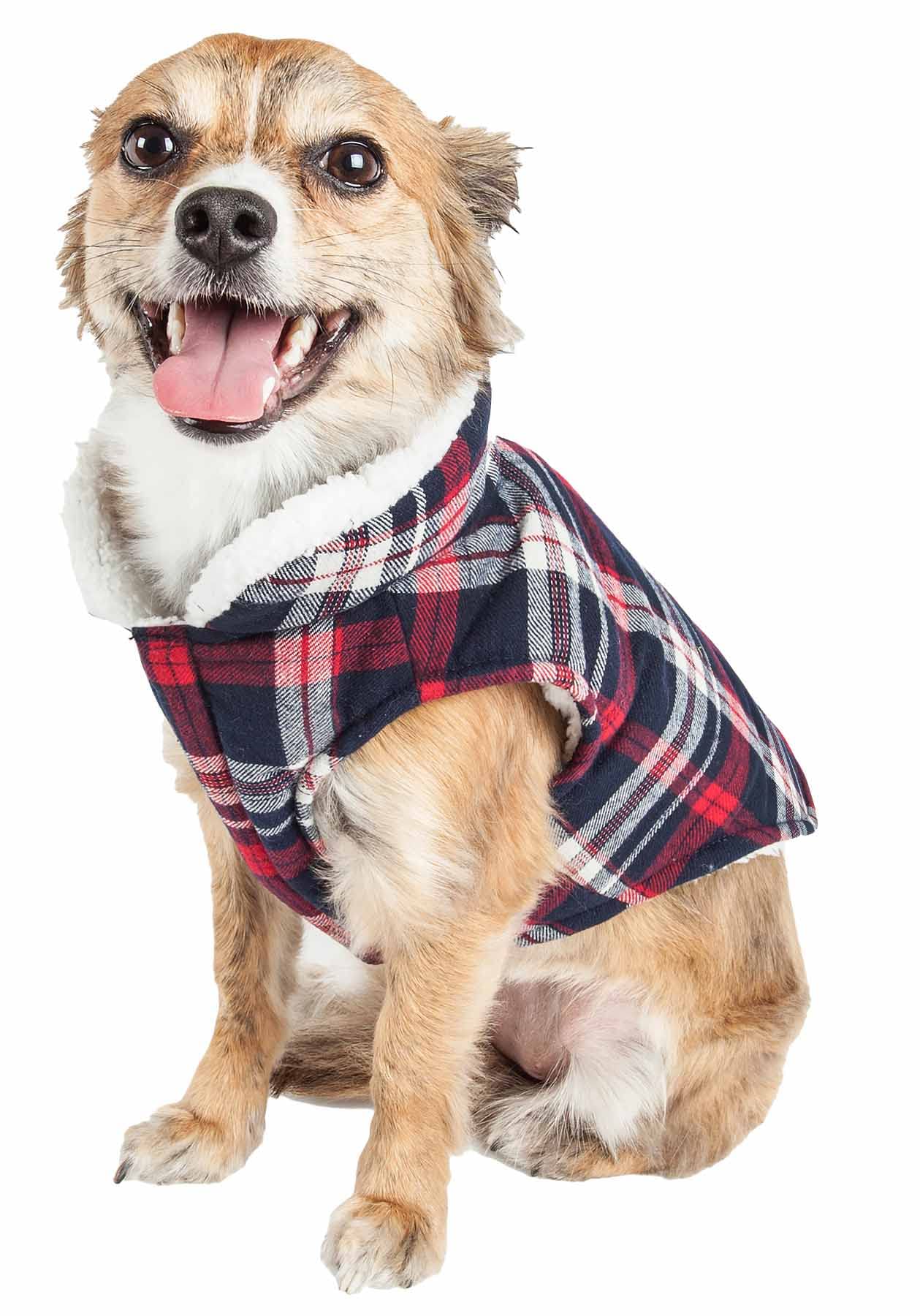 Pet Life  'Puddler' Classical Plaid Dog Coat - Insulated Plaid Dog Jacket with Reversible Sherpa Lining - Winter Dog Clothes for