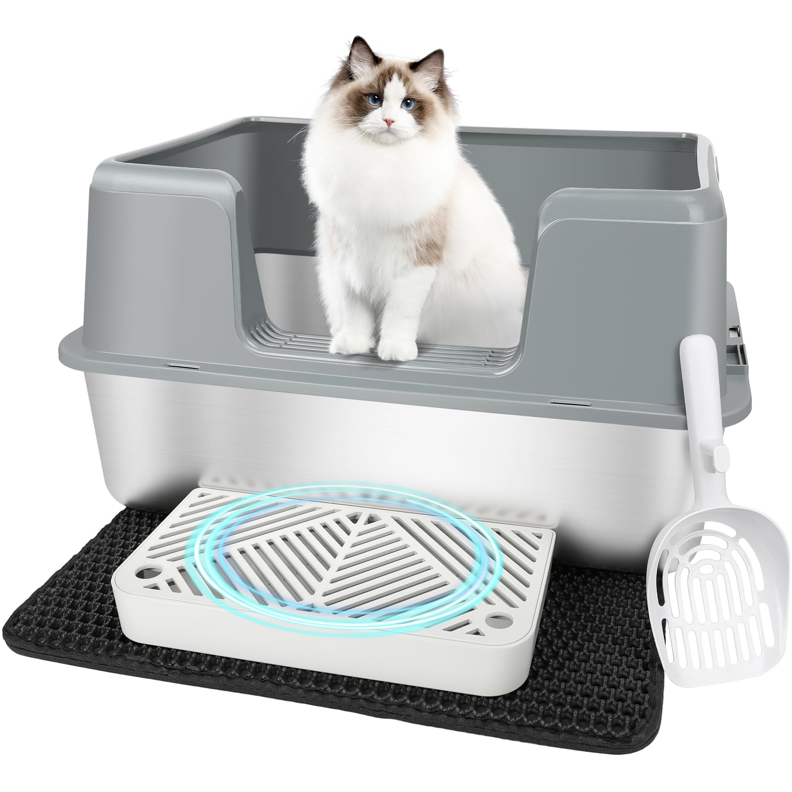 Vivifying Xl Stainless Steel Cat Litter Box, High Side Metal Litter Pan With Scoop And Footboard For Big Cats, Kittens, Rabbits 