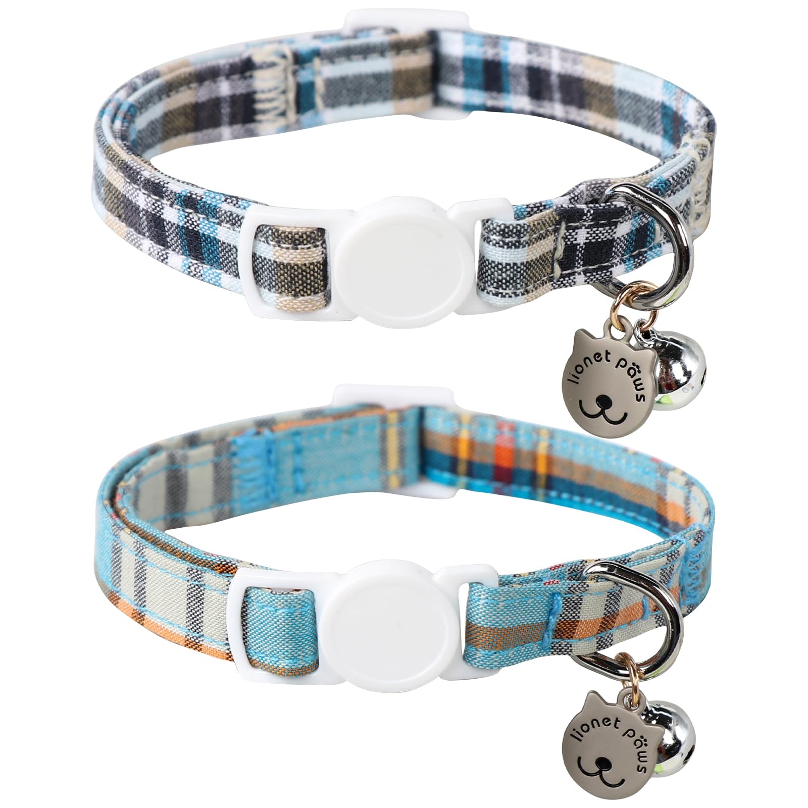 Lionet Paws 2Pcs Pack Cotton Cat Collar,Breakaway Buckle With Blue Grid And Brand Pendant Cute Adjustable Cat Kitten Collar,Idea