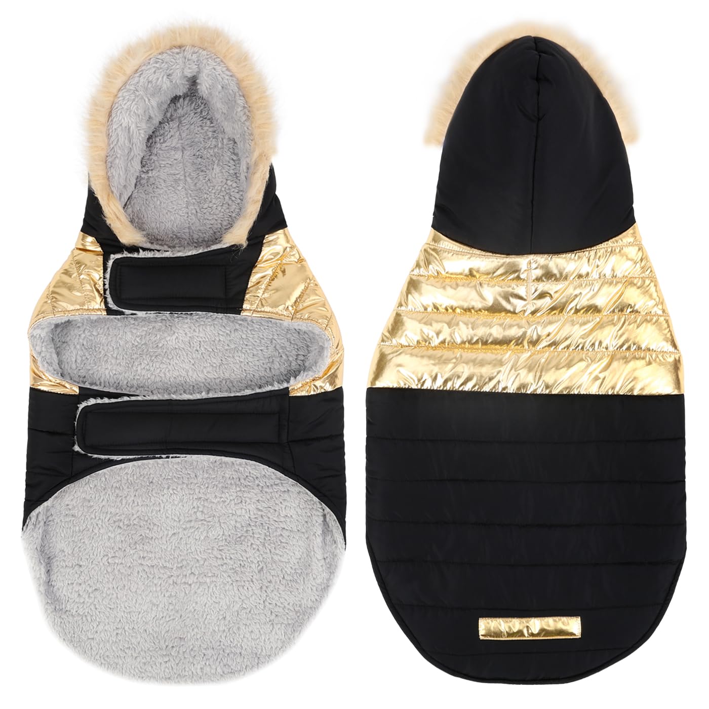 Hde Dog Puffer Jacket Fleece Lined Warm Dog Parka Winter Coat With Harness Hole 90S Black And Gold Metallic - Xl