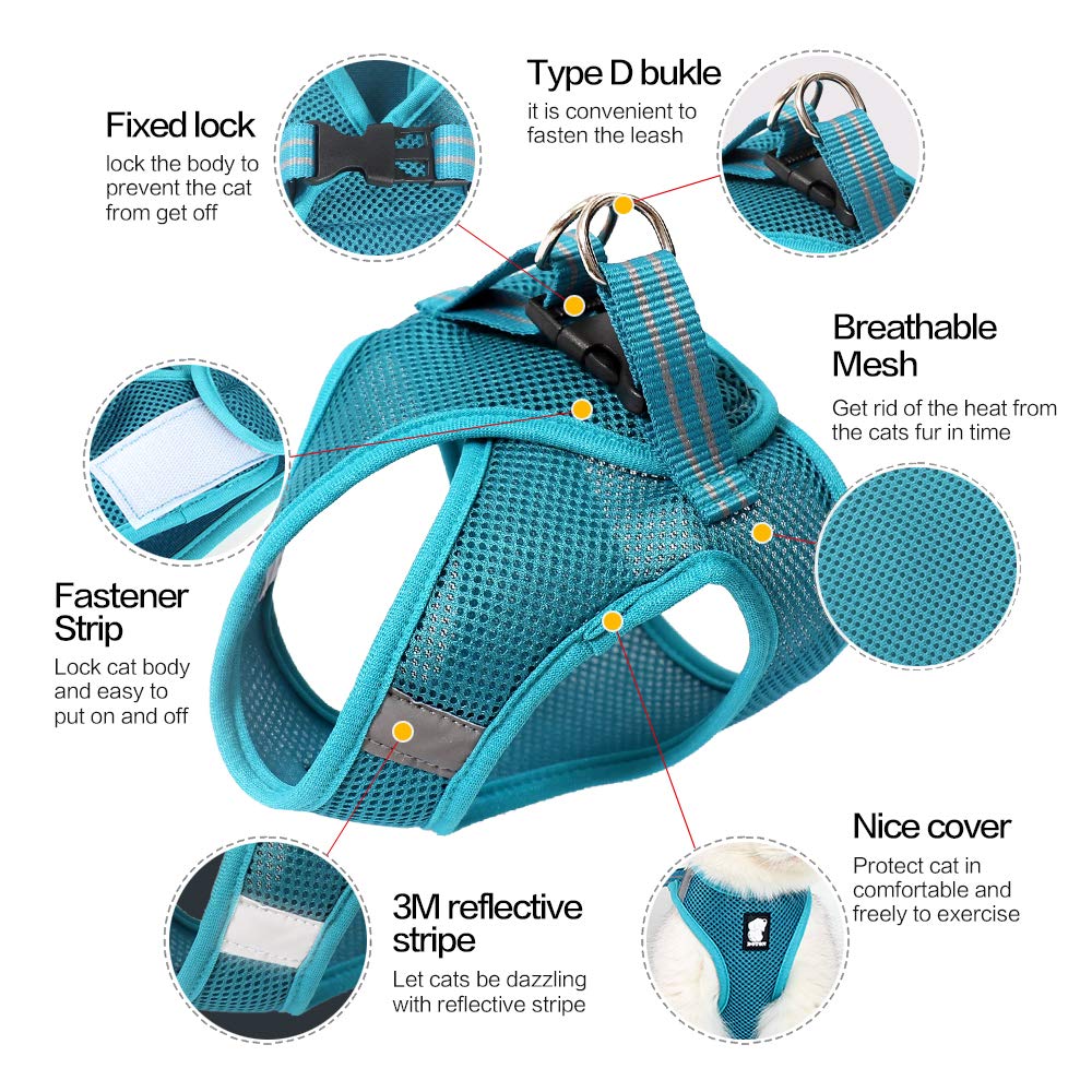 Heywean Cat Harness And Leash - Ultra Light Escape Proof Kitten Collar Cat Walking Jacket With Running Cushioning Soft And Comfortable Suitable For Puppies Rabbits (M, Turquoise)