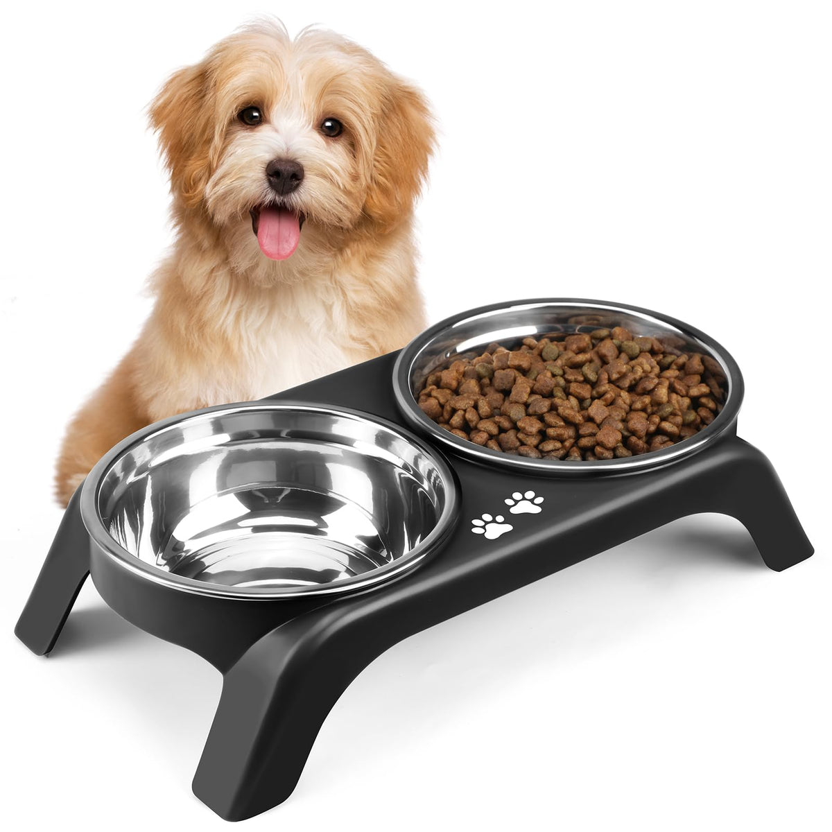 Elevated Cat Bowls - Anti-Vomiting Raised Cat Bowl Stand With 2 Thick Stainless Steel Cat Bowls Non-Slip For Small Medium Indoor Cats & Puppies, Dishwasher Safe, Black