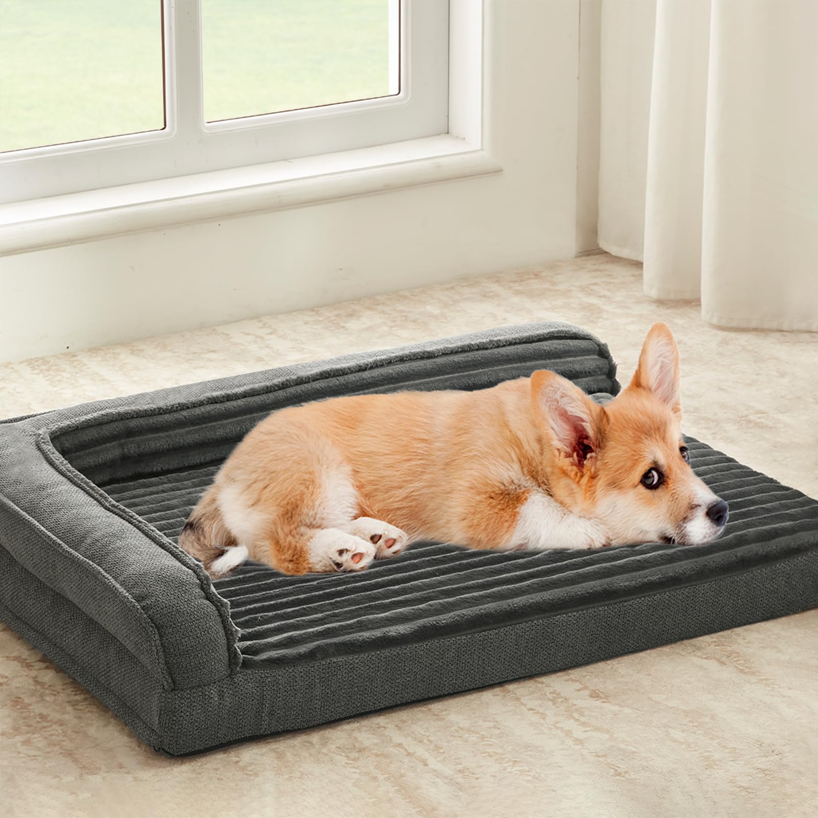 WINDRACING Orthopedic Dog Beds for Medium, Small Dogs, Waterproof Egg Foam Dog Sofa Bed with L Bolster Sides, Washable Medium Pe