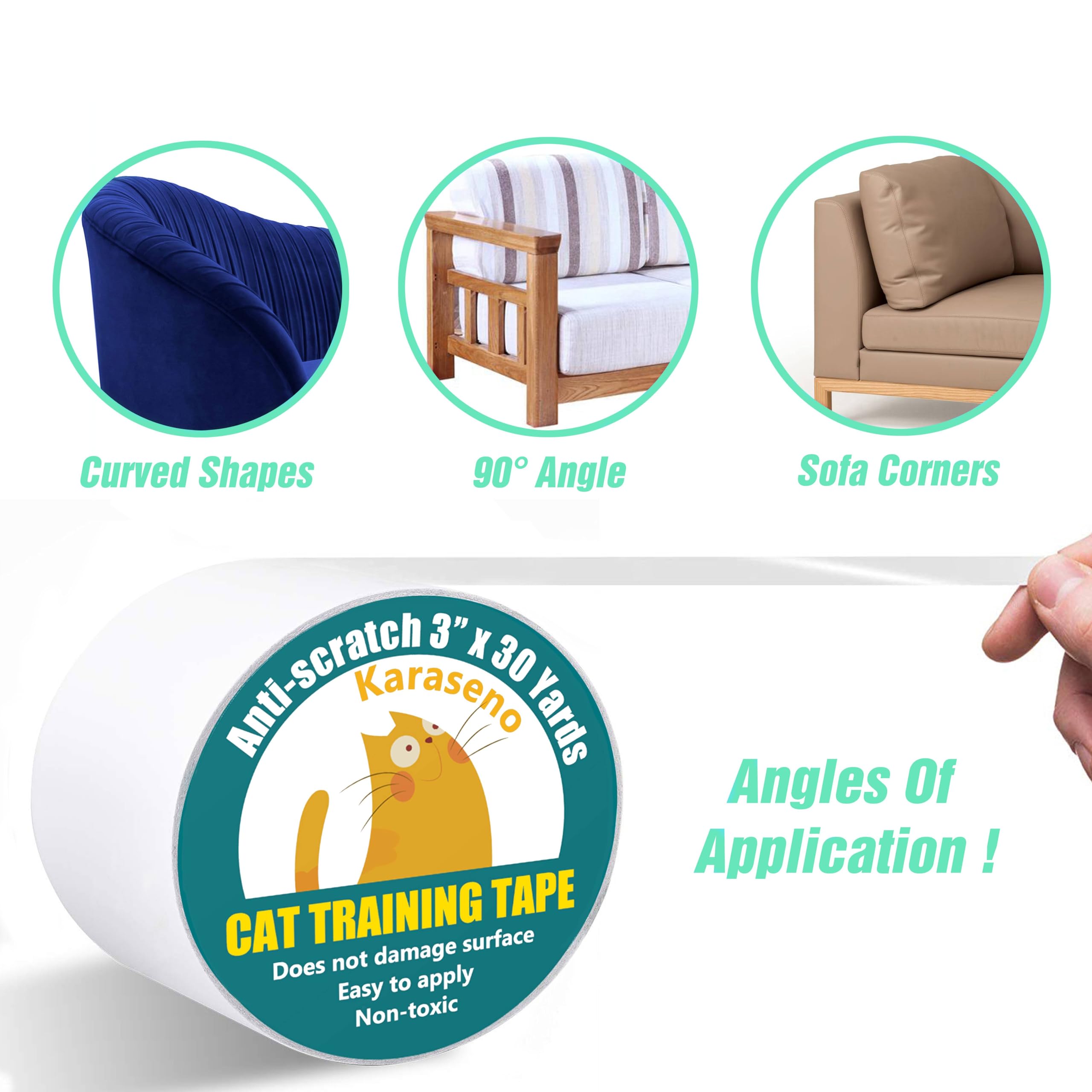 KARASENO 3 x 30 Yards Anti Cat Scratch Tape - Double Sided Clear Furniture Protector for Couch, Carpet, Doors - Pet & Kid Safe