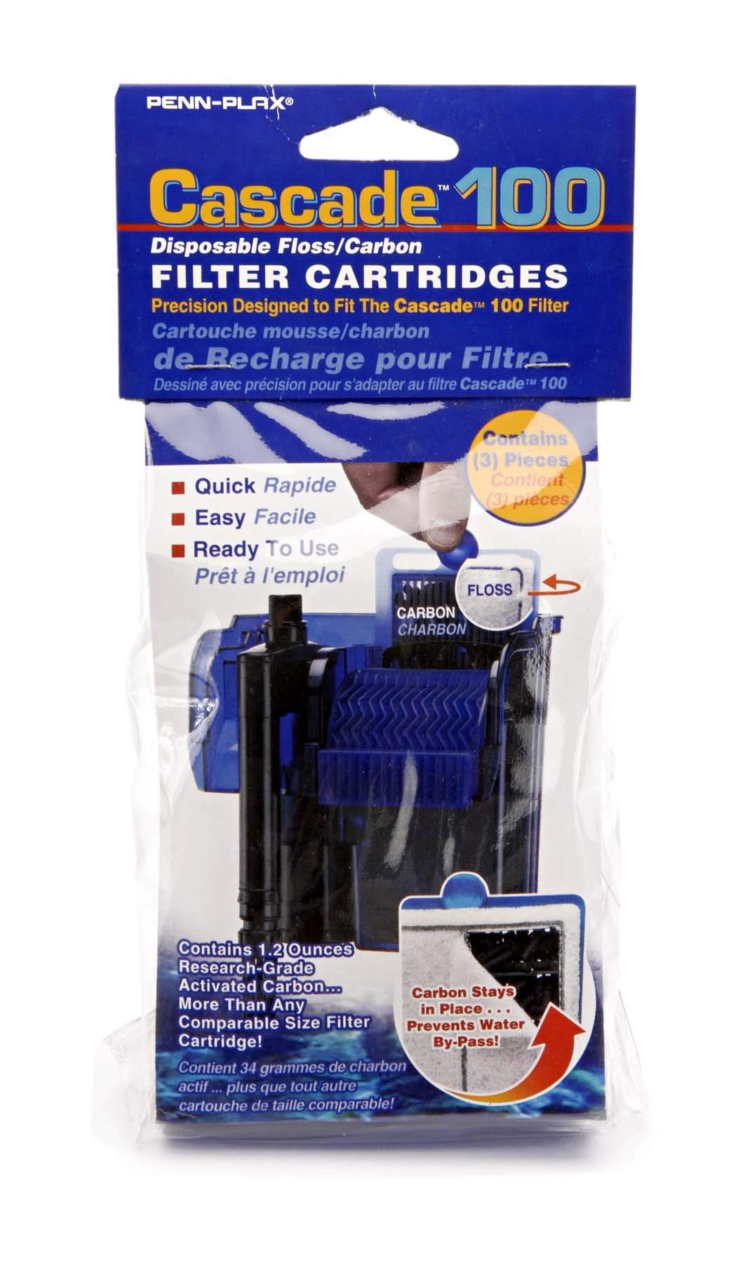 Penn-Plax Cascade 100 Hang-On Filter Replacement Media Cartridge - Disposable Poly Fiber Floss And Activated Carbon - 3 Pack