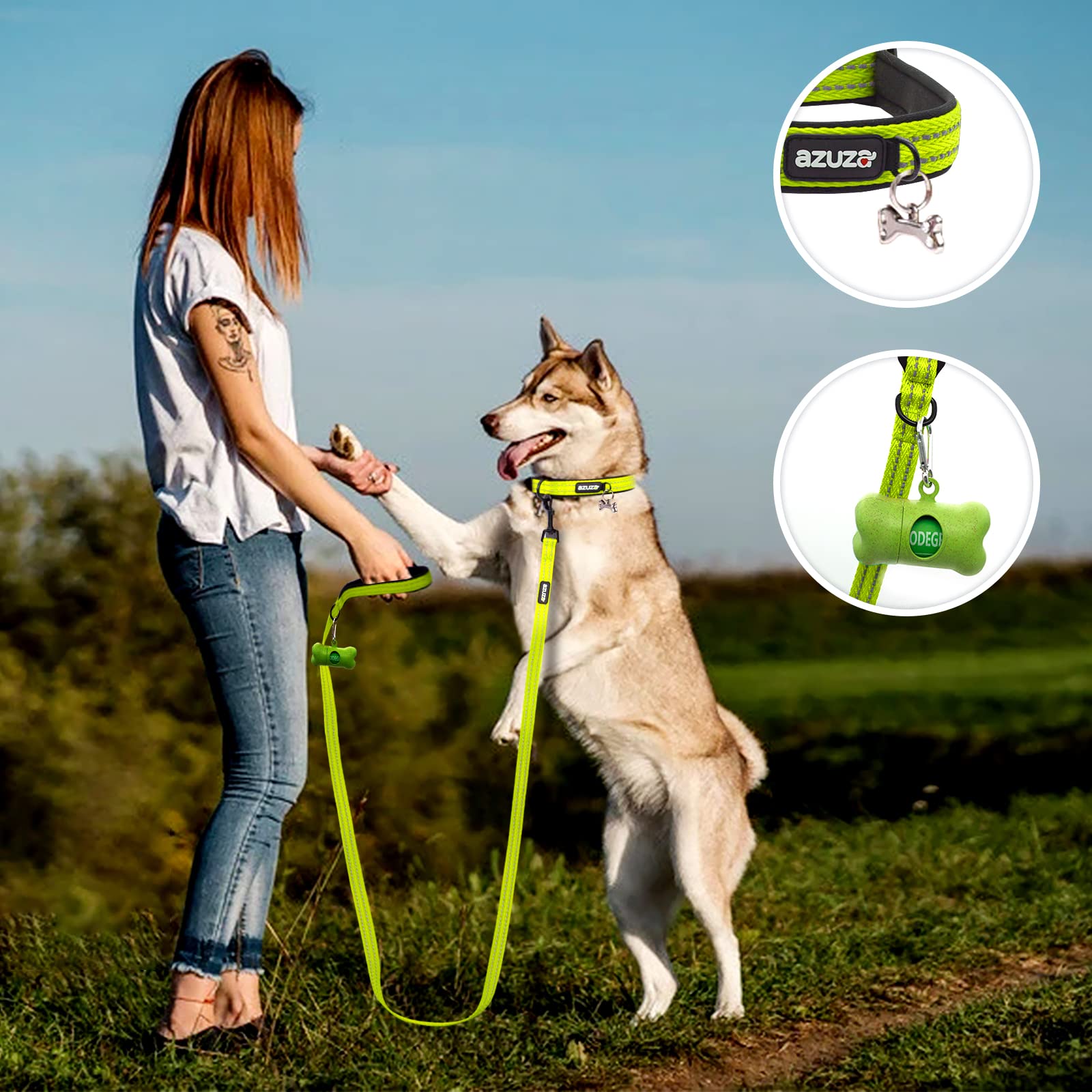 Zuza Dog Collar And Leash Set, Durable Padded & Reflective Strip, Super Comfy For Medium Dogs, Fluorescent Yellow