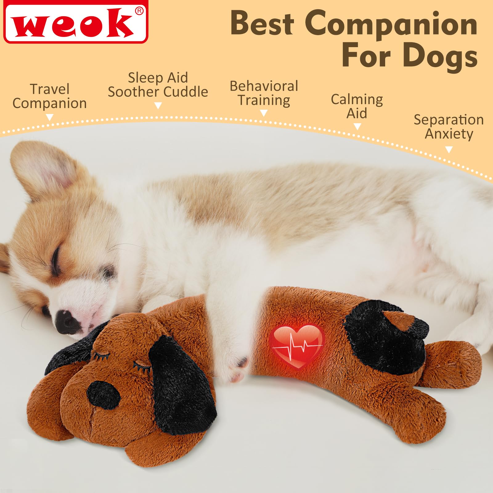 Weok Puppy Heartbeat Toy For Separation Anxiety Relief, Heartbeat Stuffed Animal Anxiety Calming Behavioral Aid Plush Toy For Do