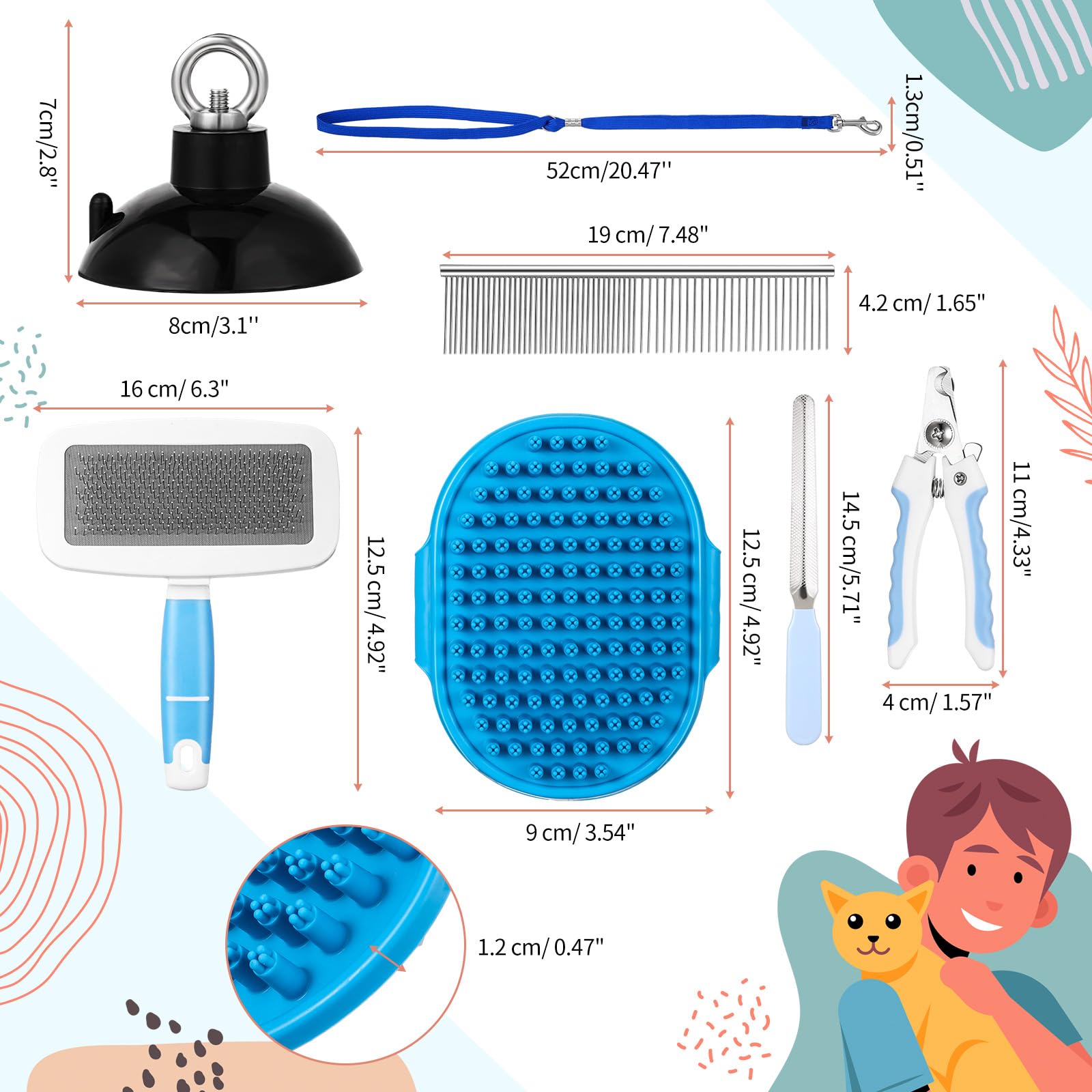 Baderke 6 Pcs Dog Grooming Set With Dog Bathing Leash With Suction Cup, Pin Comb, Straight Comb, Nail Clippers Set, And Bath Bru