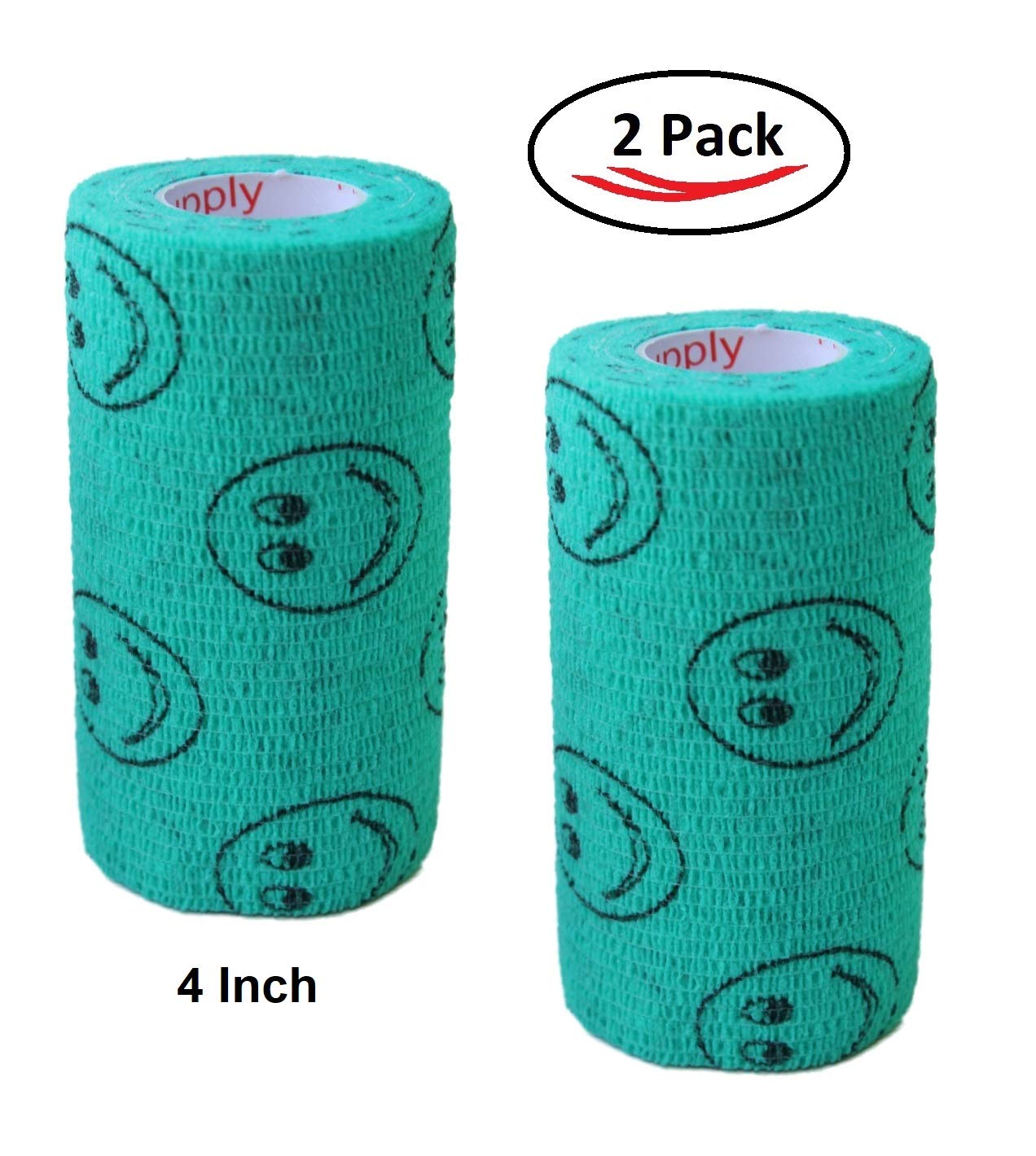 Vet Wrap Wrap Tape (Teal with Smiles) (2 Pack) (4 Inch x 15 feet) Self Adhesive Adherent Adhering Cohesive Flex Self Stick Banda