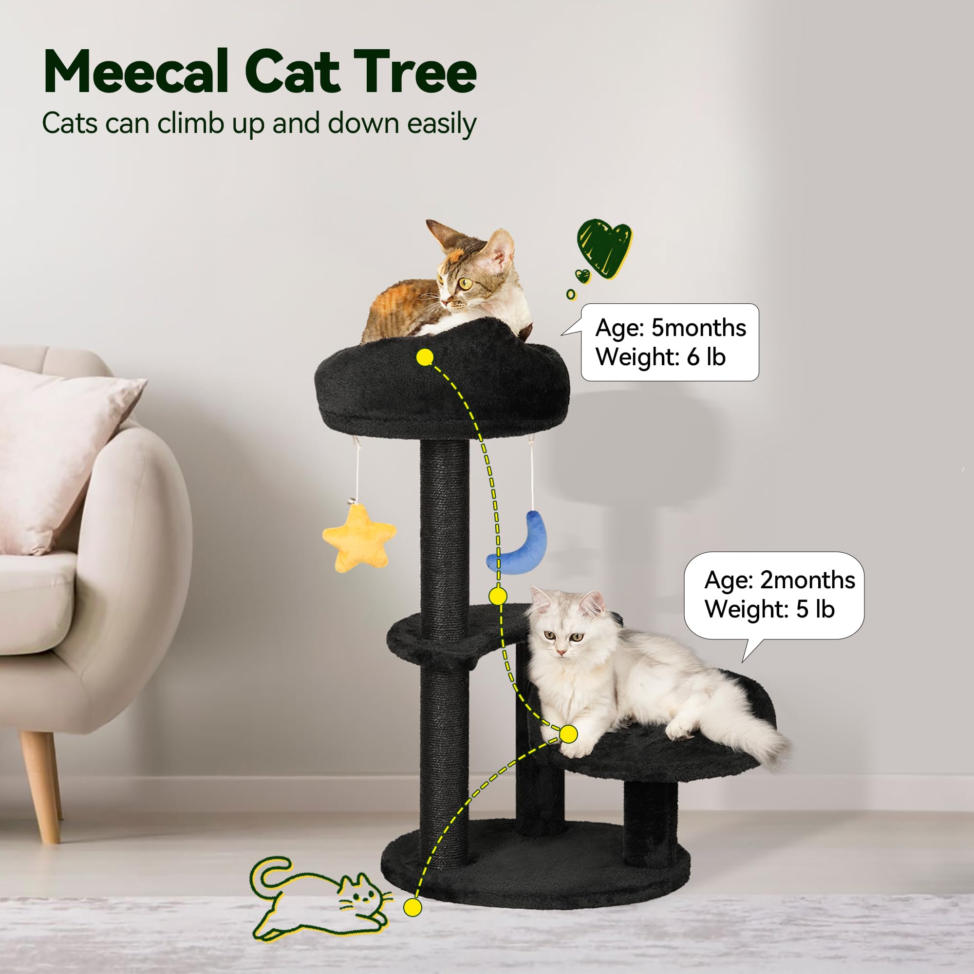 Meecal Kitten Cat Tree For Small Cats Under 6 Months, 24.4In Cloud Cat Scratching Post With Bed & Toys, Max Weight 8Lbs, Compact