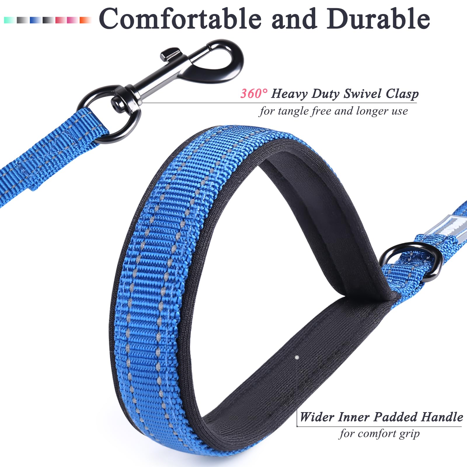 Vivaglory Traffic Handle Dog Leash, Two Padded Soft Handles Dog Leash, Strong Reflective & Metal Hook Training Dog Lead, Blue