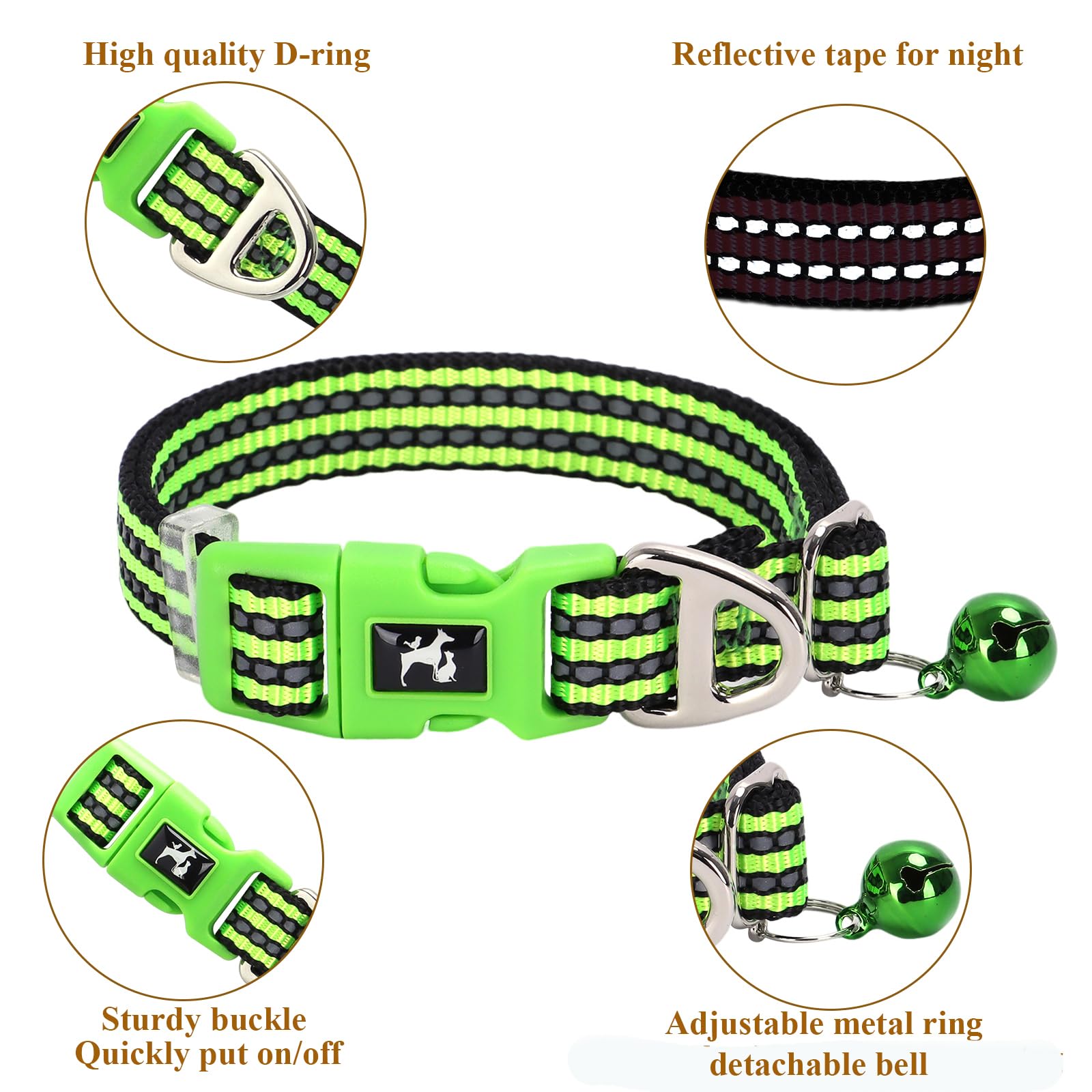 Onefojojo Xxs-Xs Dog Collar With Bell Reflective - Adjustable Tiny Small Breed Collar For Girl Boy Chihuahua Puppies, Night Walk