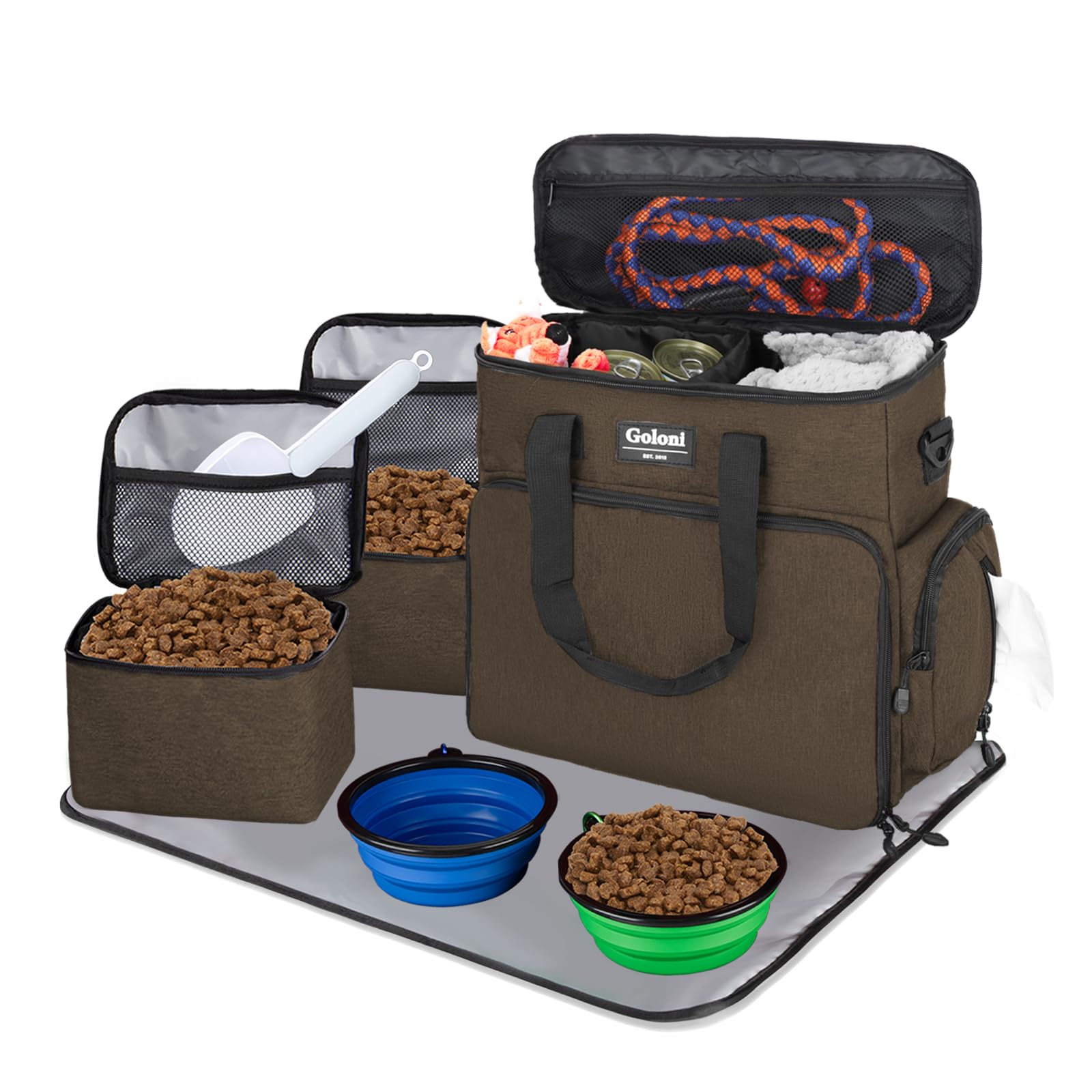 Dog Travel Bag Airline Approved-Pet Travel Tote with Collapsible Bowls,Food Containers & Feeding Mat-Multi-Pocket Organizer for 