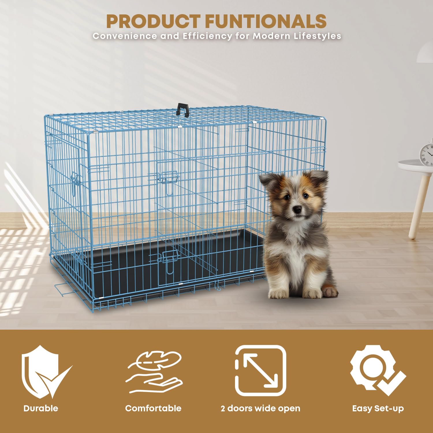 30 Inch Dog Crate Dog Cage for Large Dogs Folding Mental Wire Dog Kennel Outdoor and Indoor with Double-Door Divider Panel Remov
