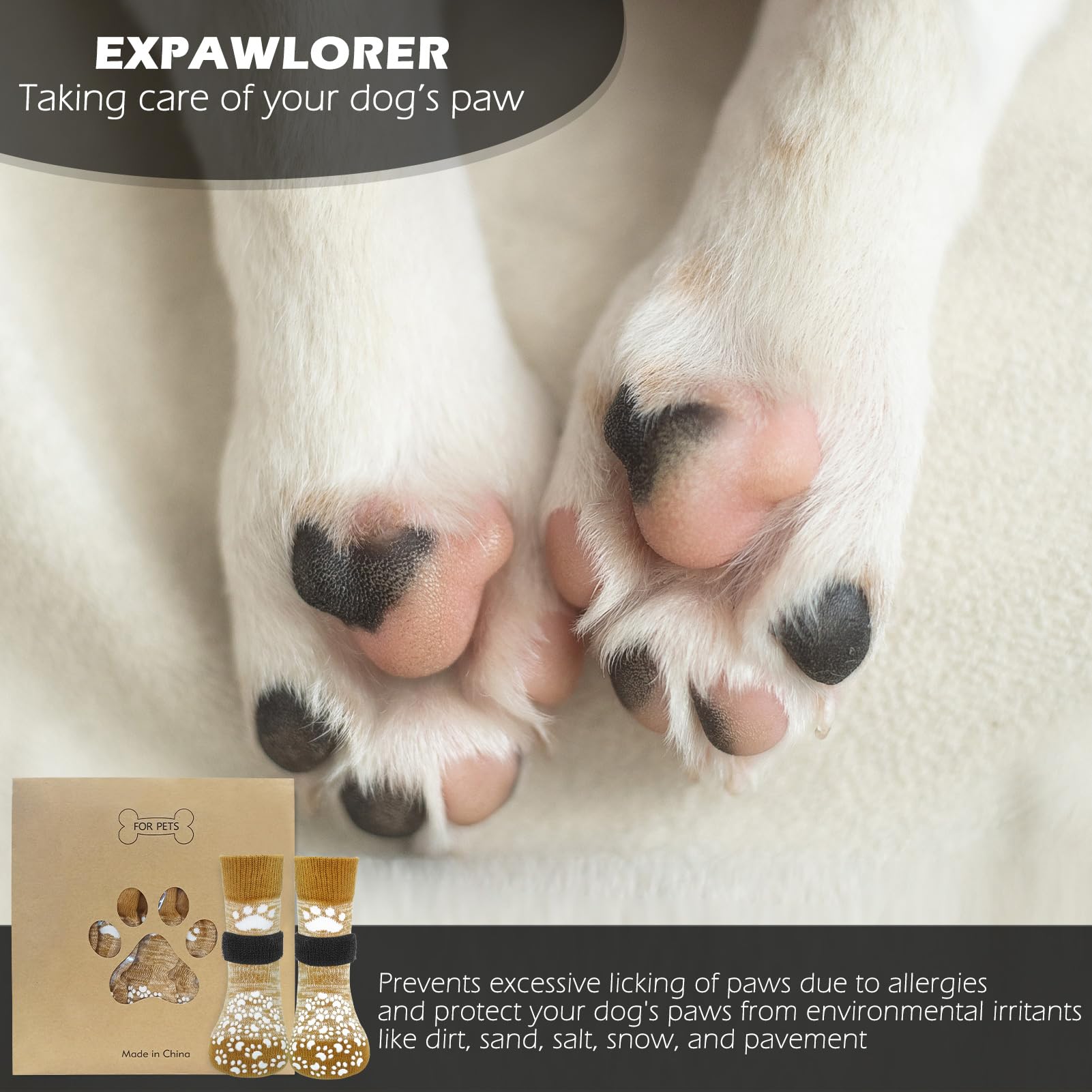 EXPAWLORER Anti-Slip Dog Socks for Hardwood Floors, Beige, Small (6 Count), Double-Sided Grips, Traction Control, Best Paw Protector