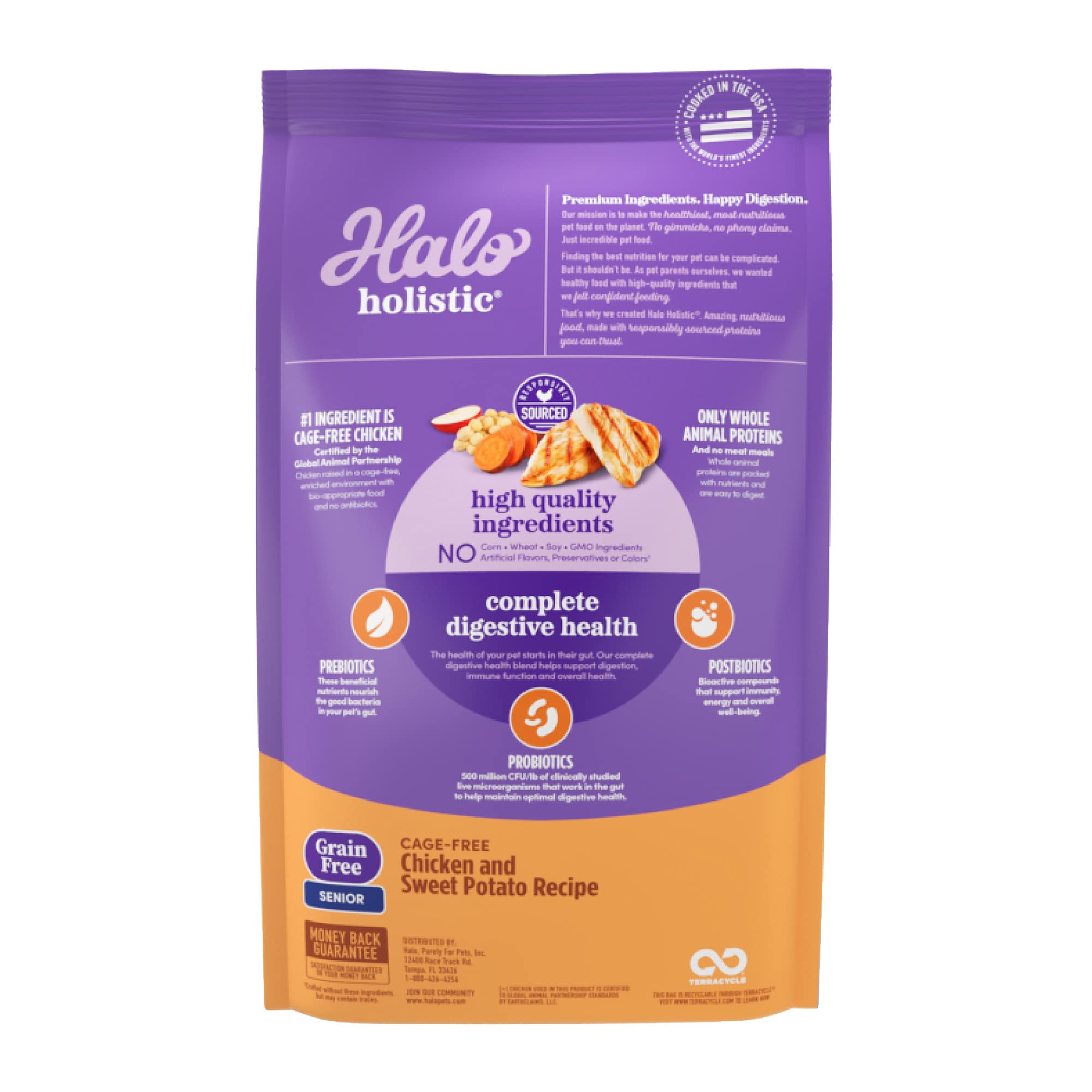 Halo Purely for Pets Holistic Dog Food, Complete Digestive Health Grain Free Cage-Free Chicken and Sweet Potato Recipe, Dry Dog