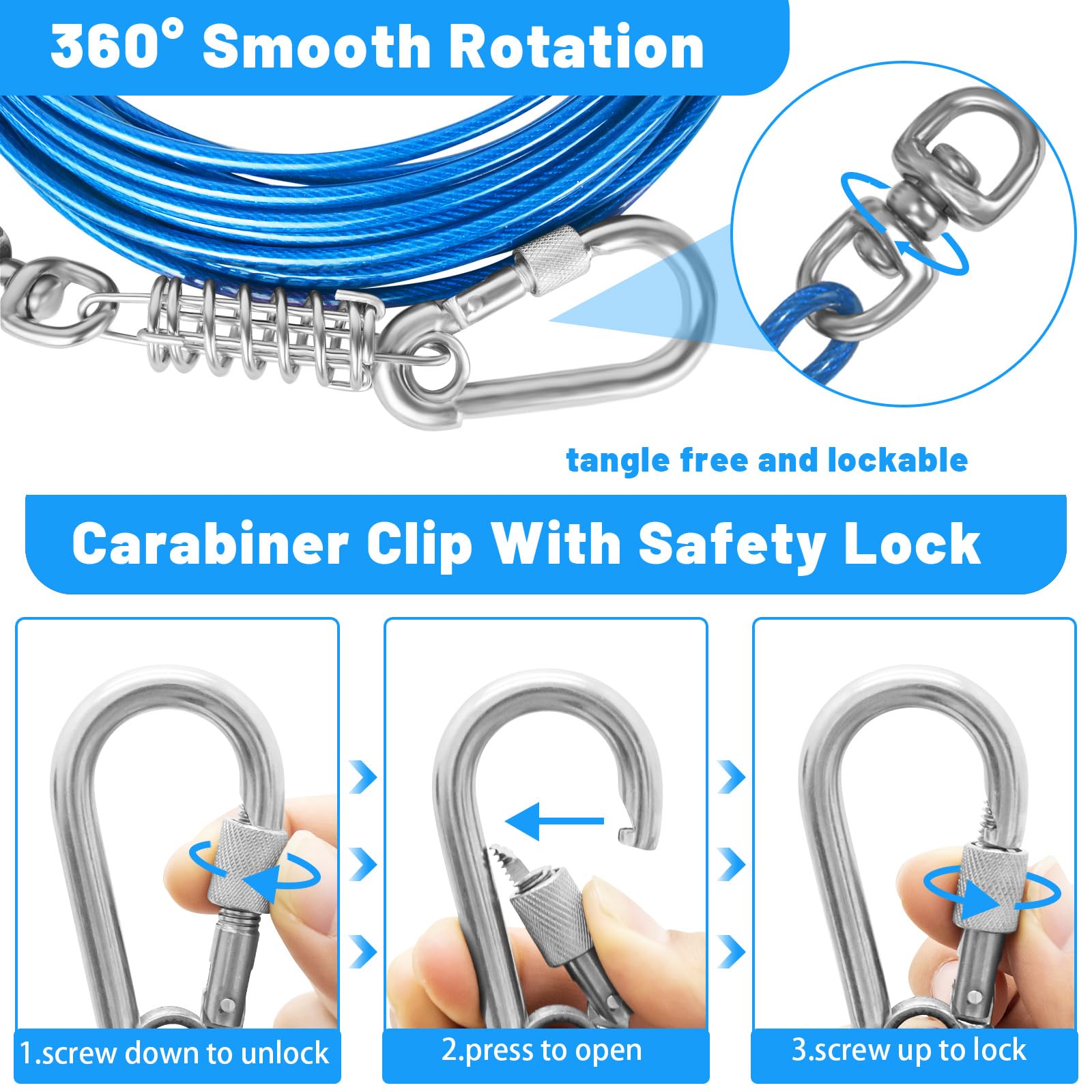 Haiyuan Dog Tie Out Cable - 10/15/20/25/30Ft Heavy Duty For Large Dogs Up To 250Lbs - Rosy Pink/Blue/Purple/Silver/Red/Green/Yel