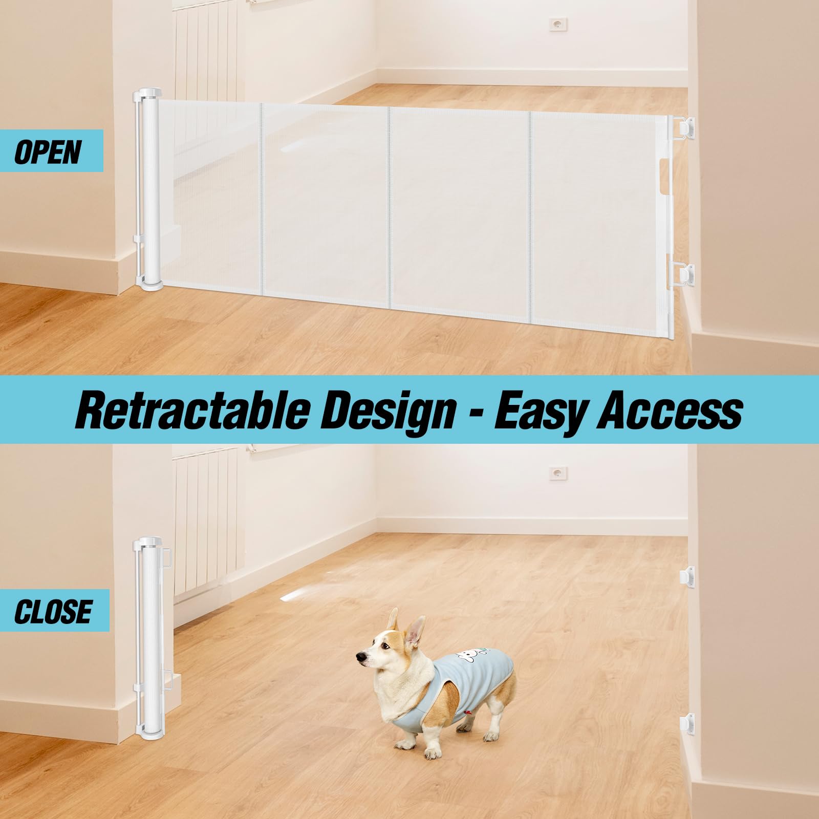 24 Inches Tall Retractable Dog Gate for The House, Short Baby Gates to Step Over, Extends up to 55'' Wide, Reinforced Mesh Puppy