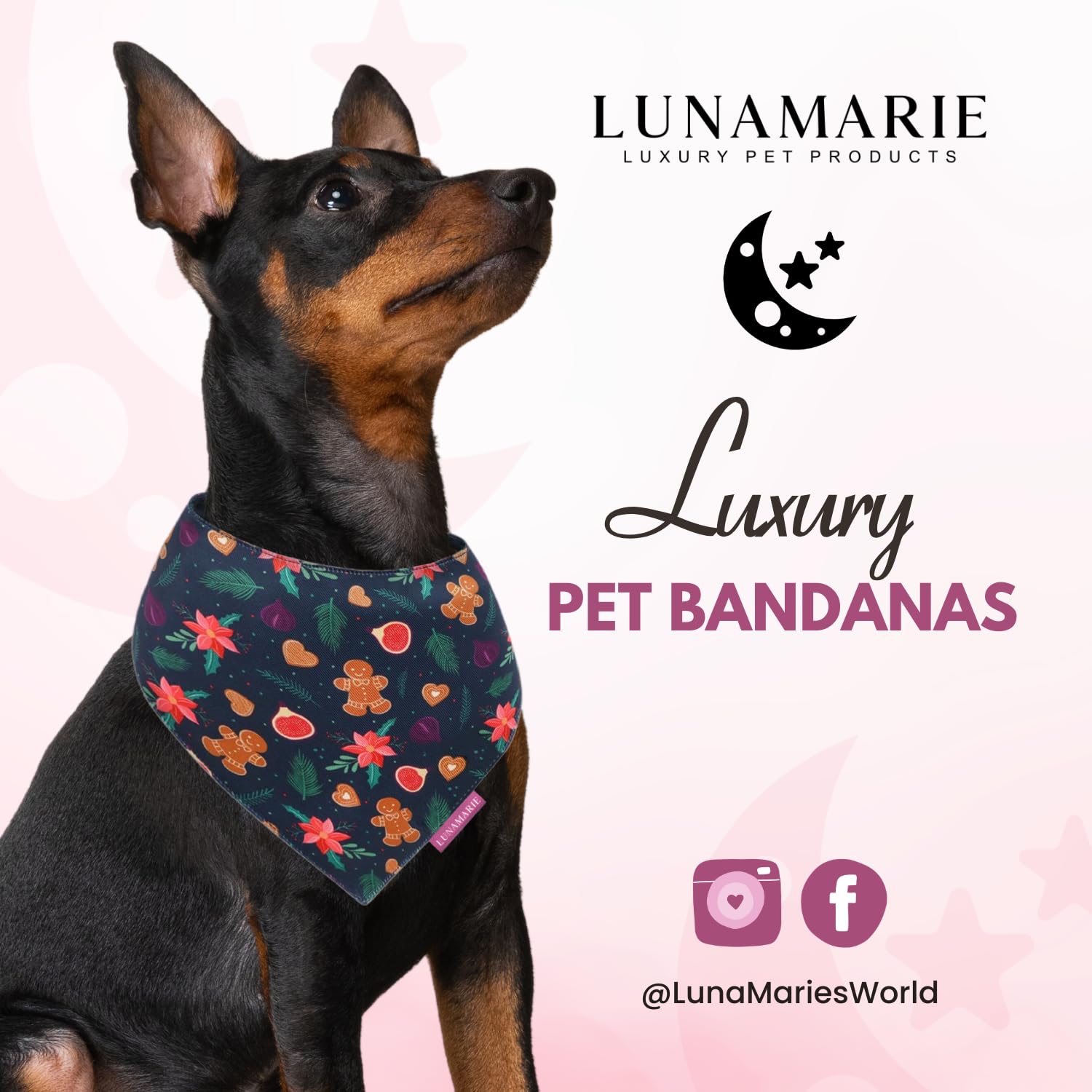 Lunamarie - Luxury Pet Birthday Bandanas -Premium & Silky Poly Fabric | 100% Handmade | Custom Shape Dual Layered (Gingerbread &