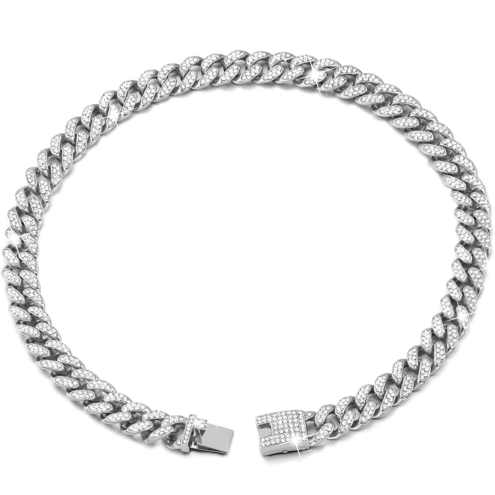 Cuban Link Dog Collar Gold Silver Color Metal Dog Chain Collar Cuban Diamond Chain Pet Collars For Dogs Cats Jewelry 8/10/14/16/18/20/24/28 Inch (22Inch, Silver)