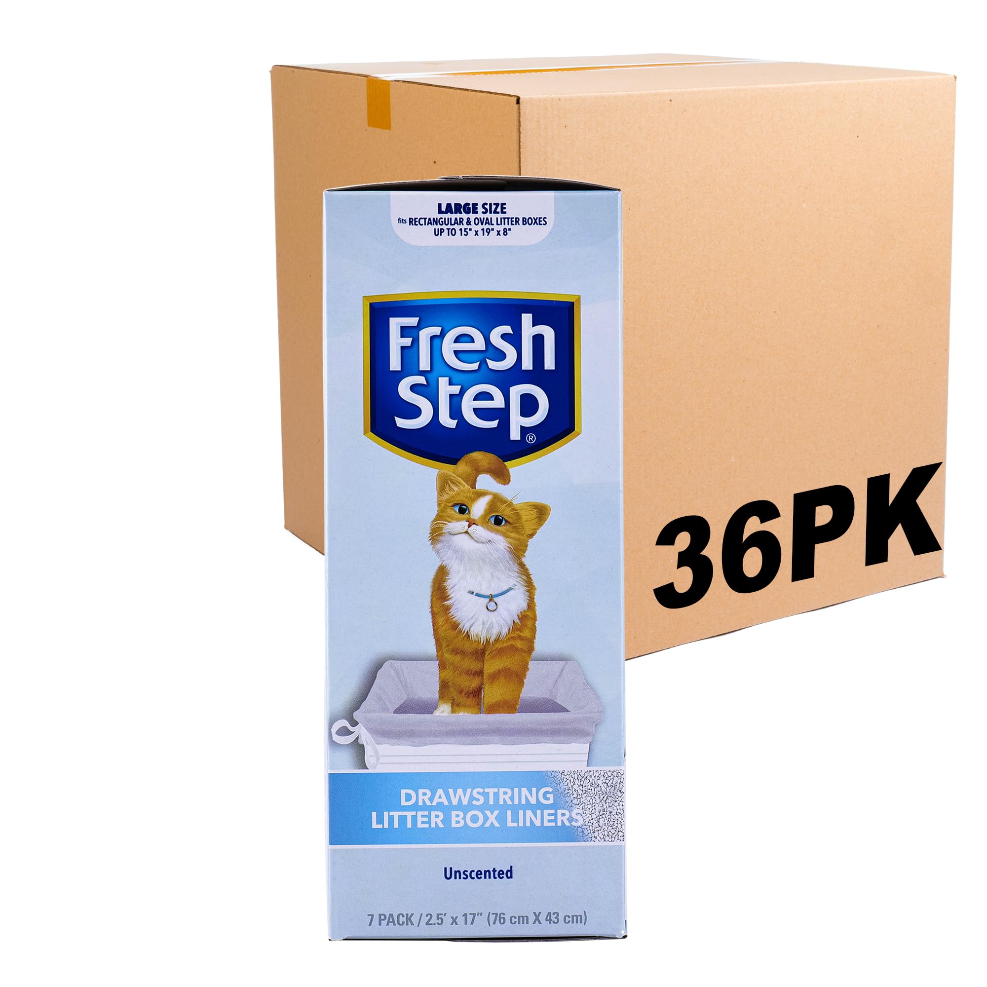 Fresh Step Drawstring Cat Litter Box Liners, Unscented, Size Large, 30' X 17' | Kitty Litter Bags - 7 Count - 36 Pack, Cat Litter Liners For All Cats To Keep Your Home Clean
