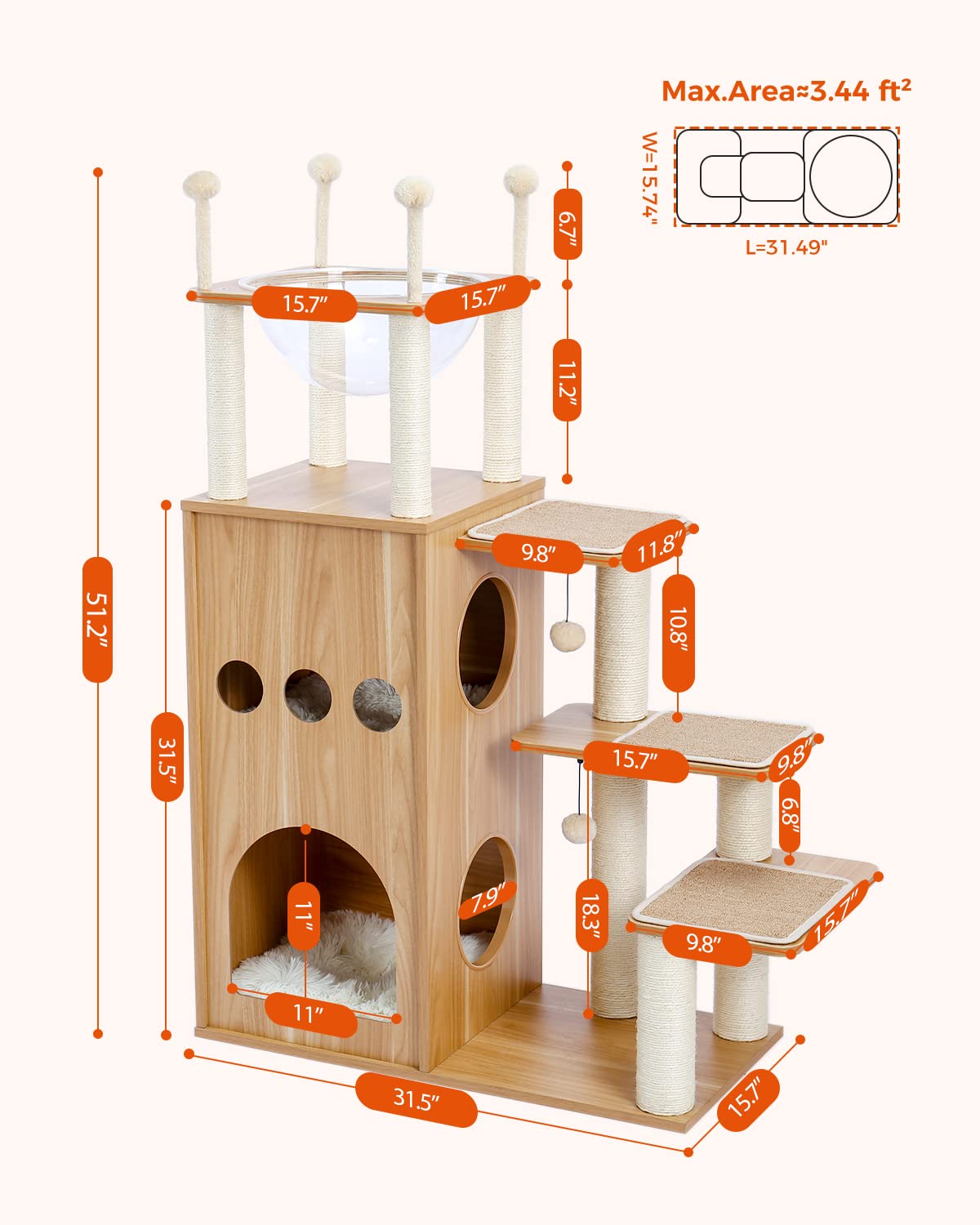 Muttros Wooden Cat Tree, 50'' Modern Cat Tower With 2-Floor Condo, Cat Furniture Sisal Scratching Posts, Capsule Nest And Dangli