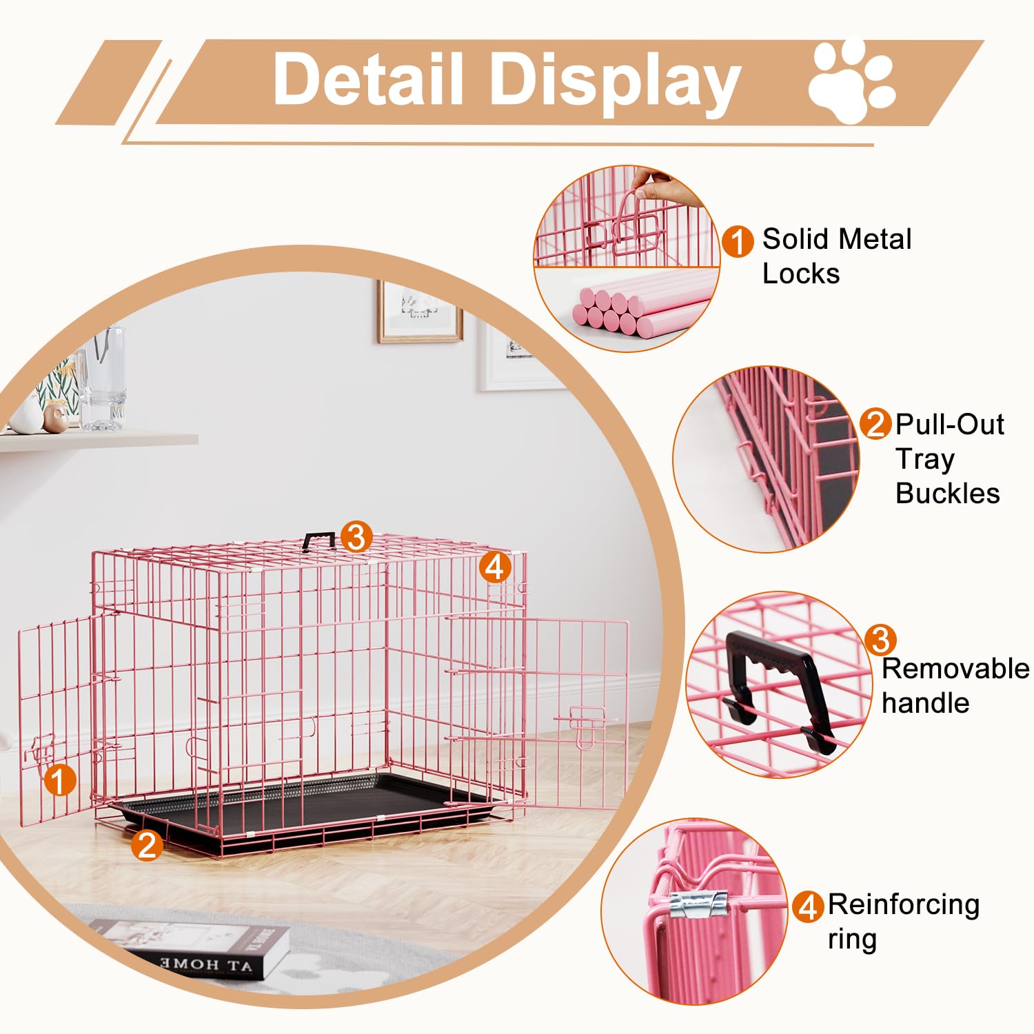 FDW 24inch Dog Crate Pet Cage with Metal Folding Design Plastic Tray Indoor Outdoor Dog Kennel Cage for Small Dogs,Pink