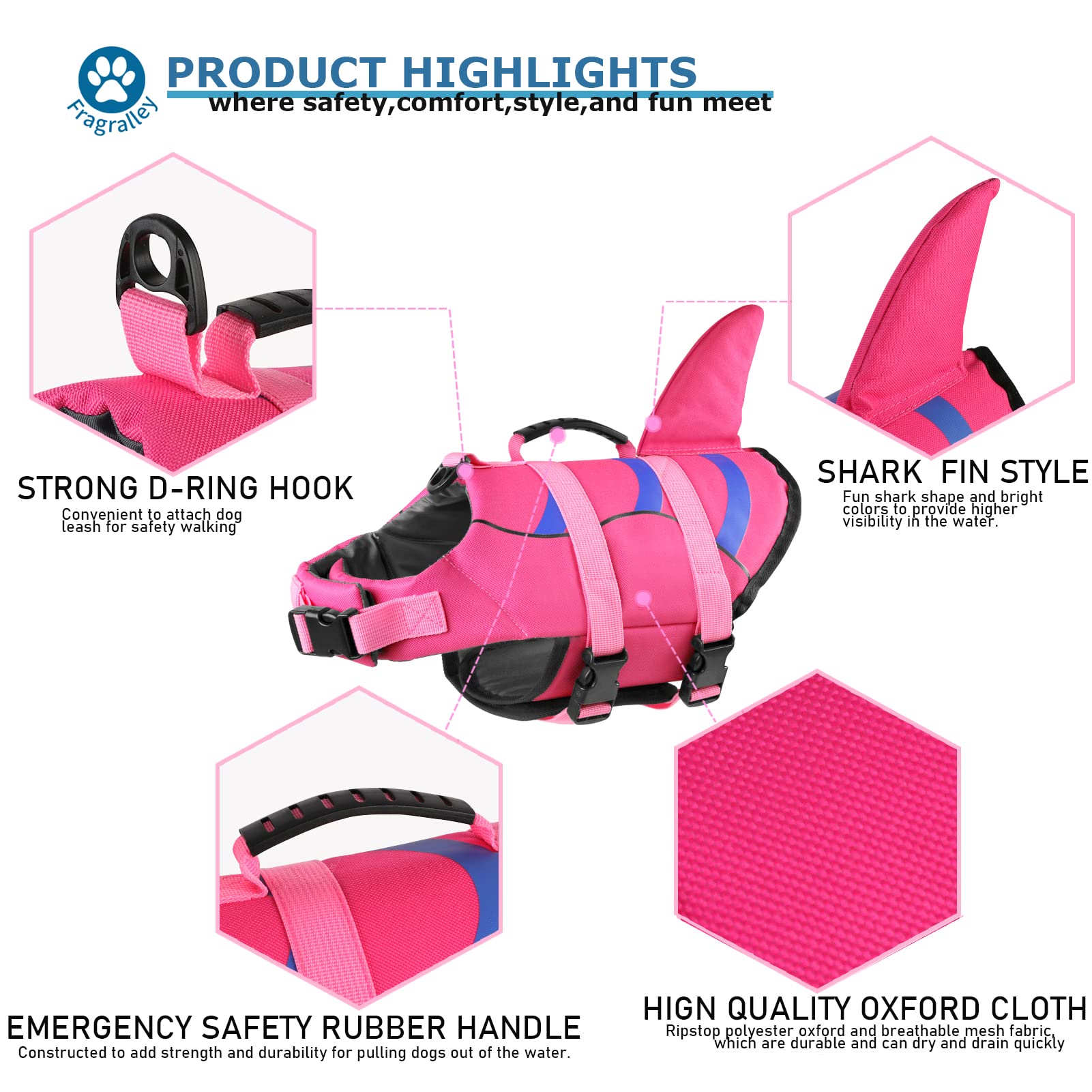 Fragralley Dog Life Jacket Shark, Dog Life Vest Adjustable Ripstop, Dog Swimming Safety Vest With Superior Buoyancy & Rescue Handle For Small Medium Large Dogs, Swim, Pool, Beach, Boating