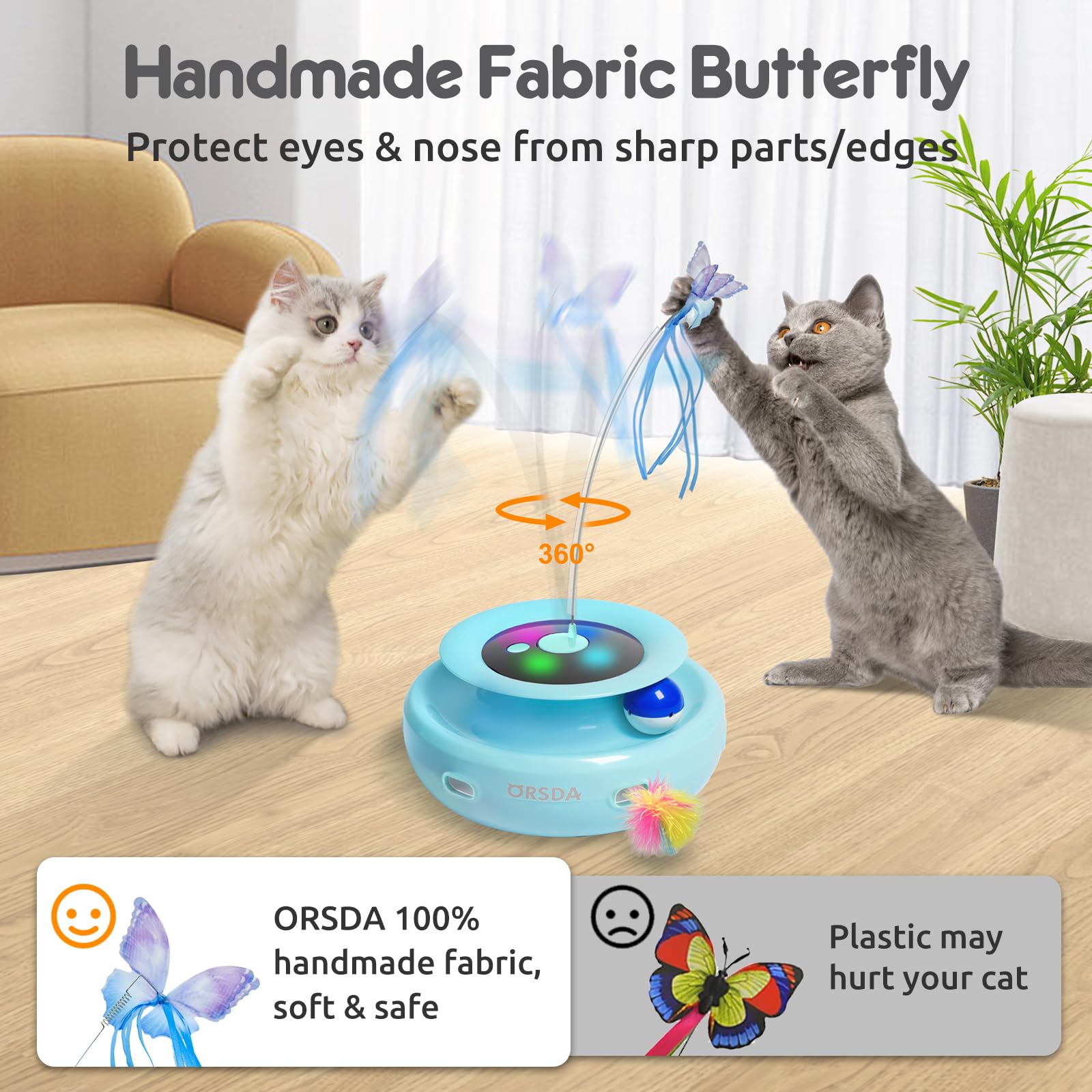 Orsda 3-In-1 Cat Toys Rechargeable, Interactive Cat Toys For Indoor Cats Automatic Kitten Toy, Moving Ambush Feather, Fluttering