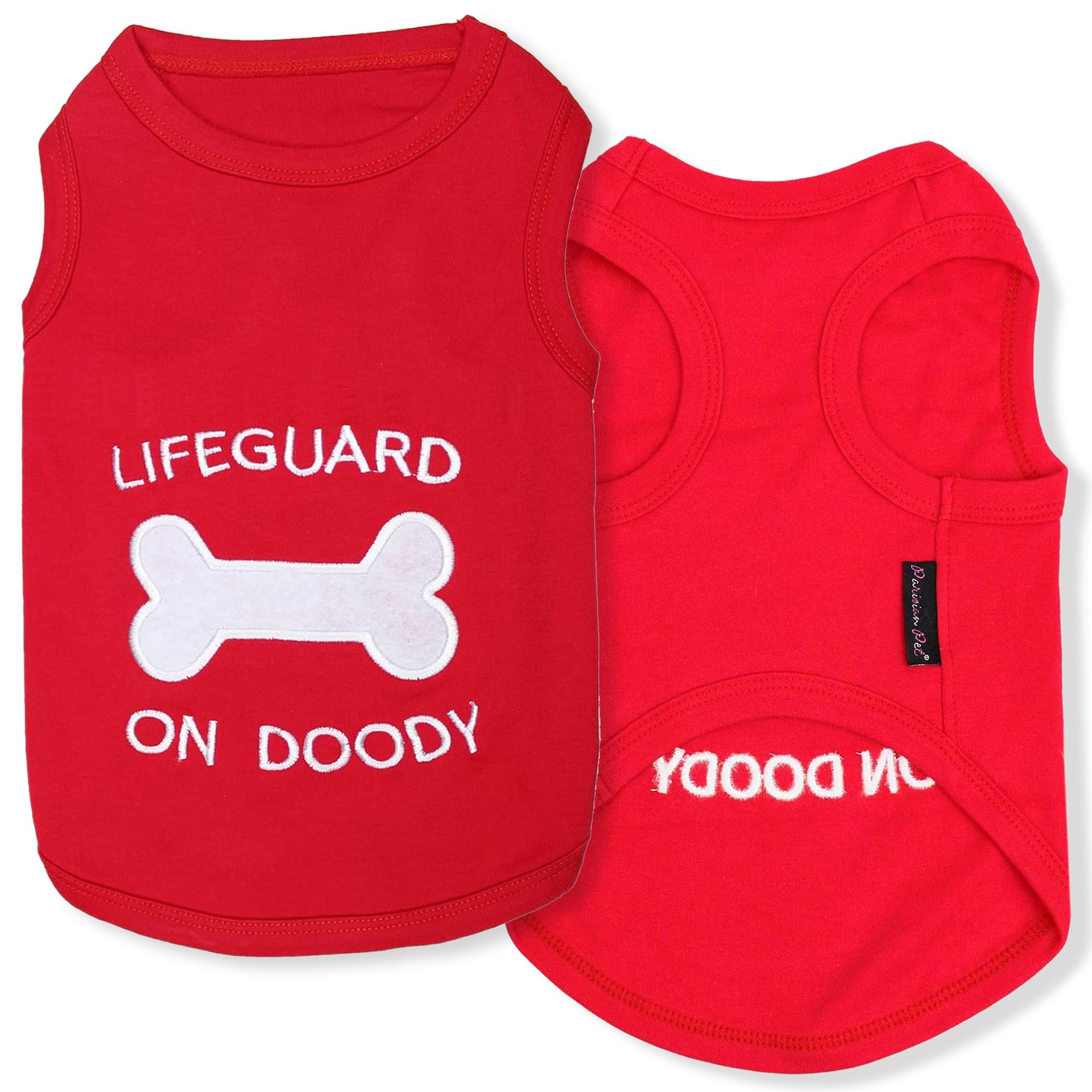 Parisian Pet Dog Tshirt - Embroidered  Lifeguard On Doody  Boy Dogs Apparel - Pure Cotton And Lightweight Dog Clothes - Red Dogg